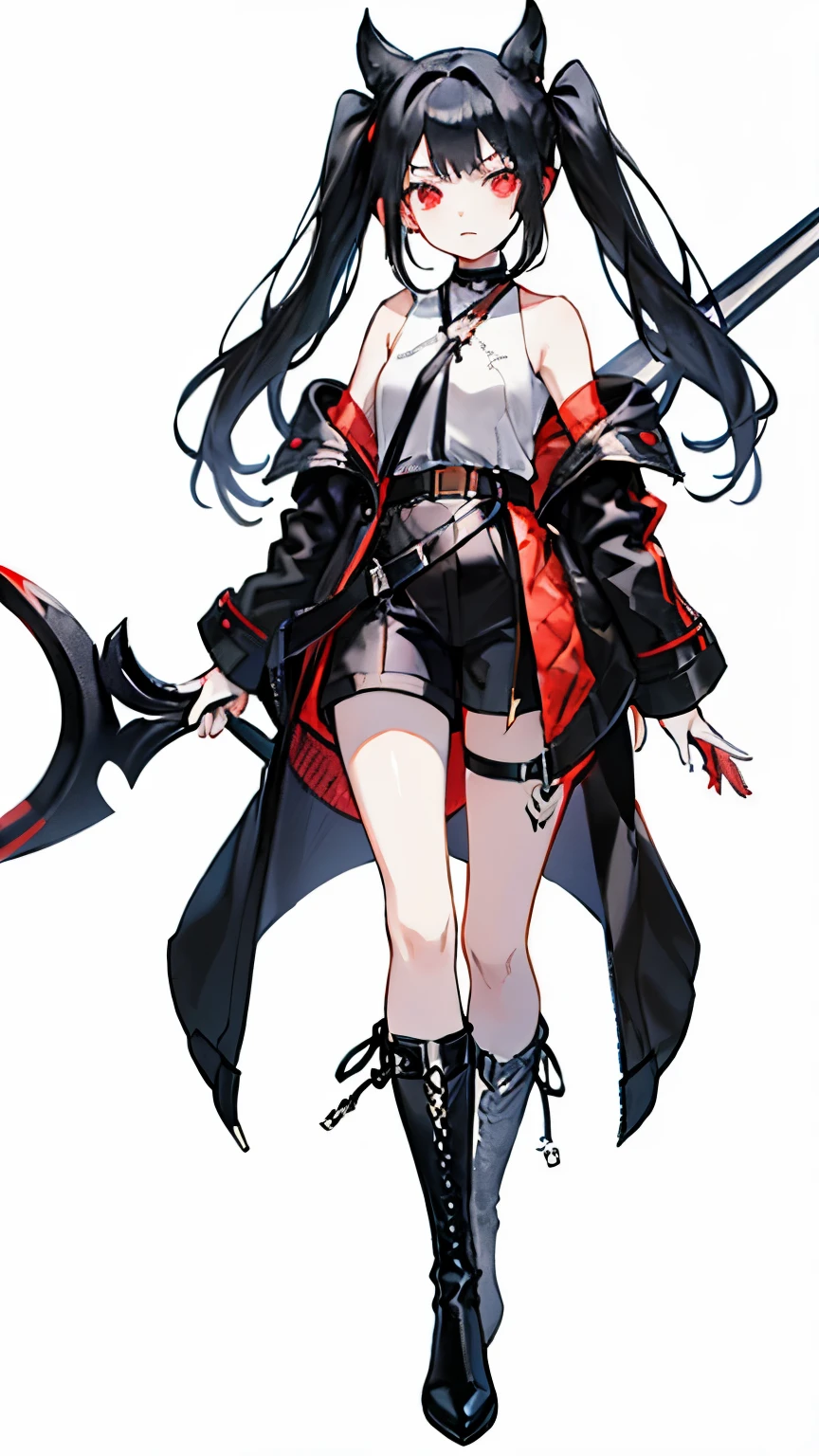 young girl。delicate。Angle that shows the whole body from the toes to the head。giant sickle。The handle and blade of the sickle are black..。waist-length black hair。twin tails。red eyes。Loose black clothes。wearing a long black coat。wearing black boots。wearing black shorts。Stand with your feet shoulder-width apart。The expression is、Expressive and cool impression。the background is white。