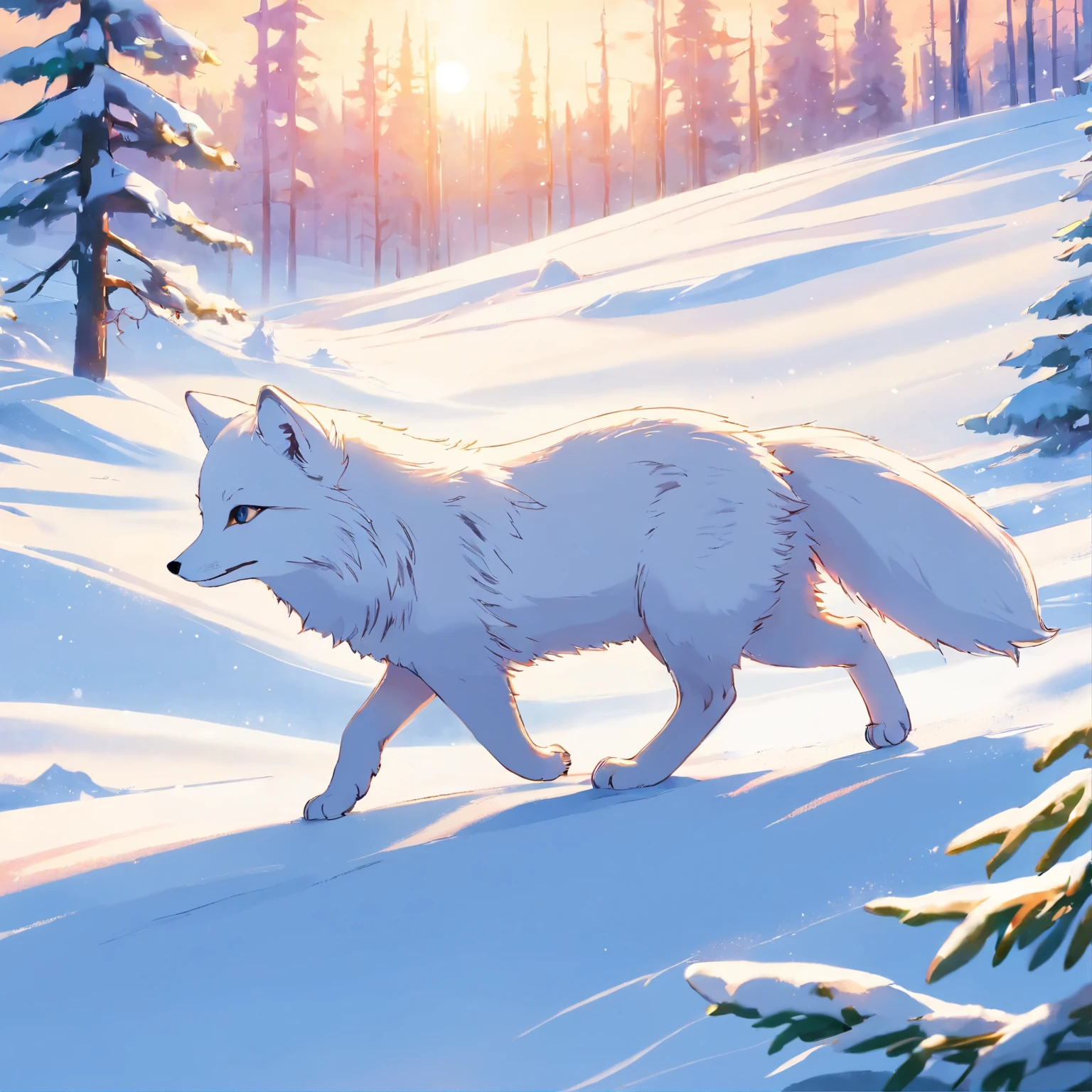 An arctic fox playfully frolicking in the pristine snow, with its fur glistening silver under the sunlight, set against a tranquil snowscape with a row of elegant snow-covered pines in the background, high-definition image, quality photograph, lifelike rendering, vivid colors, sharp details, in the style of National Geographic.