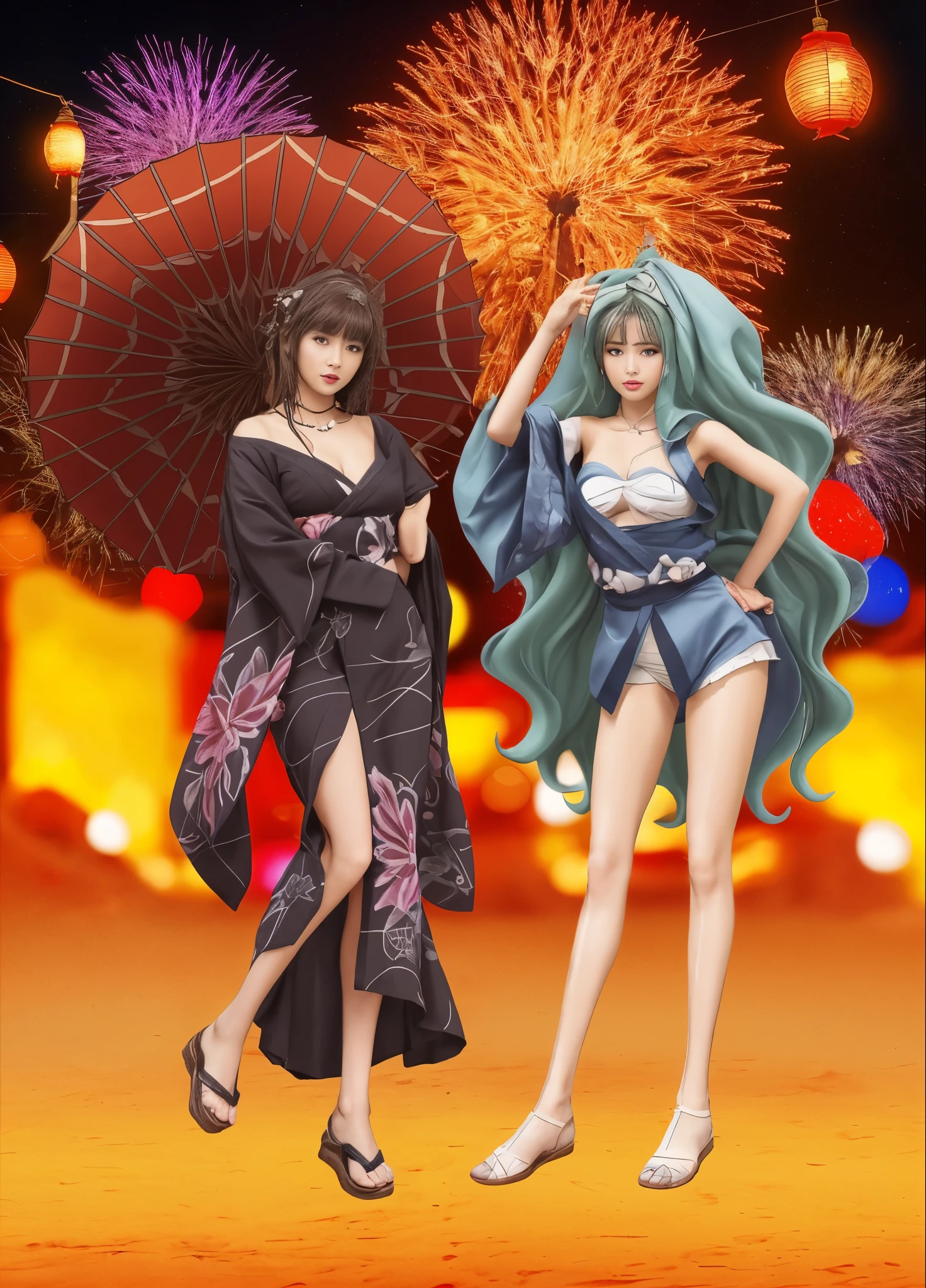 Dos hermosas mujeres occidentales con ropa japonesa, foto realista!!