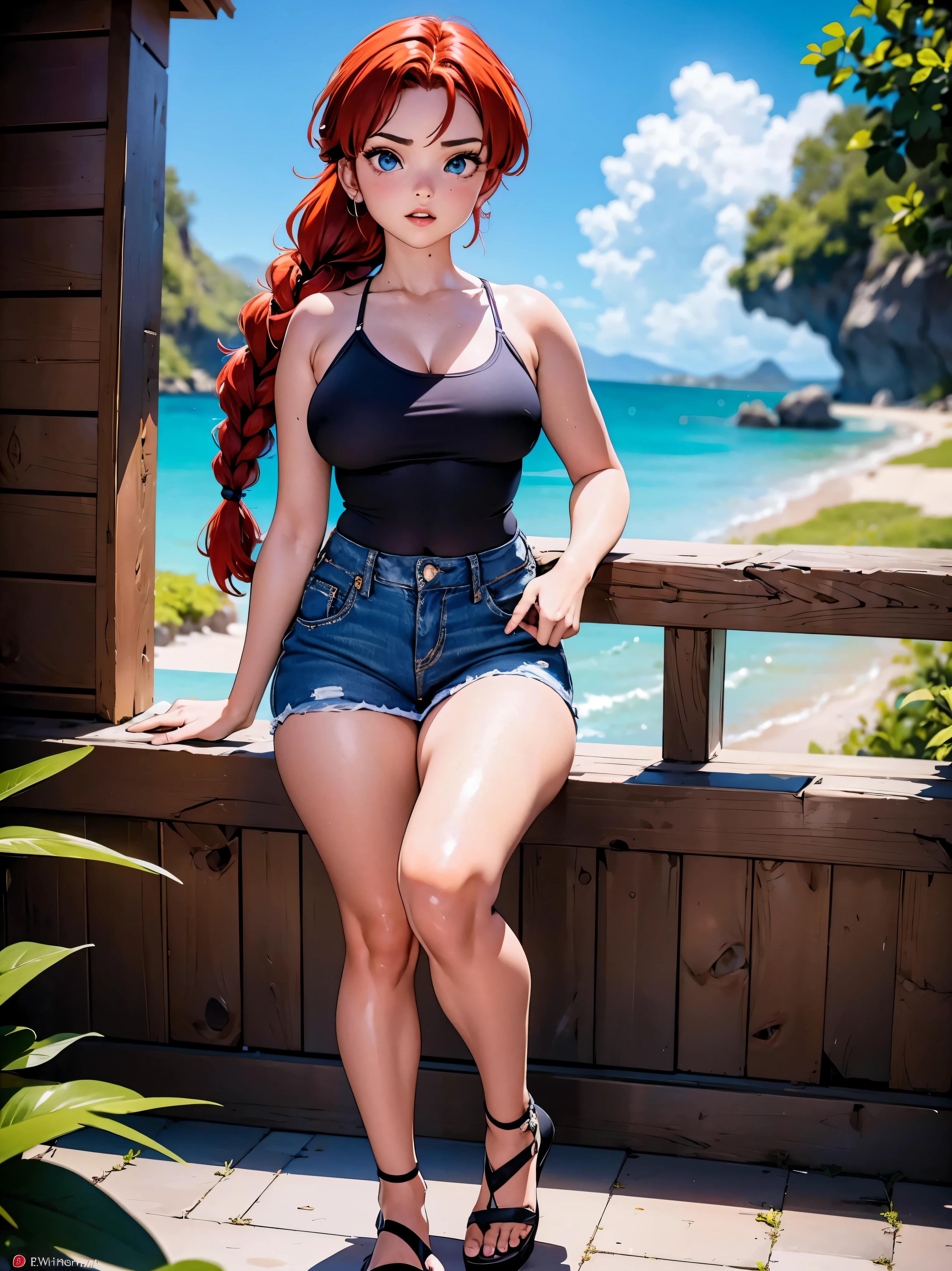 Garota Ruiva de anime em short jeans e blusa rosa brilhante, saia, *******, corpo bonito, seios grandes, com as hands on chest, hands on chest, Garota sexy, red hair with braid, mechas de cabelo laterais, mechas de cabelo na lateral do rosto, beautiful lighting, sombras suaves, olhos azuis, pernas bonitas, hair with braid, estilo anime, Ranma Chan, Autora Rumiko Takahashi, Baseado em obra de Rumiko Takahashi, Anime Ranma 1/ 2, decote sexy, quadril robusto, corpo inteiro, corpo inteiro, busto grande, garota jovem com corpo belo e bonito, sandals on his feet, garota ******* jovem baixa estatura, vestindo short jeans rosa brilhante, garota anime, estilo anime, beautiful feet in sandals, 45° viewing angle, ao ar livre, red hair braid, grande , peito grande
