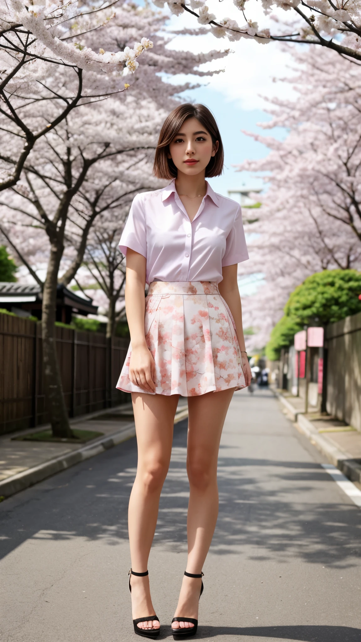 Luna Blaise, short sleeve shirt, small neckline, mini skirt, high heels, Japanese country street, cherry blossom trees