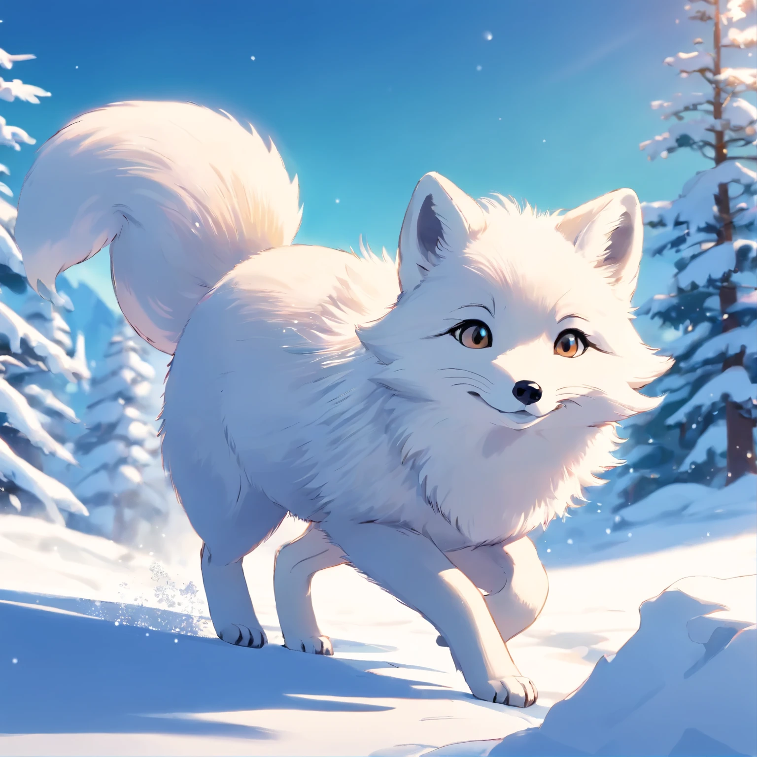 An arctic fox playfully frolicking in the pristine snow, with its fur glistening silver under the sunlight, set against a tranquil snowscape with a row of elegant snow-covered pines in the background, high-definition image, quality photograph, lifelike rendering, vivid colors, sharp details, in the style of National Geographic.