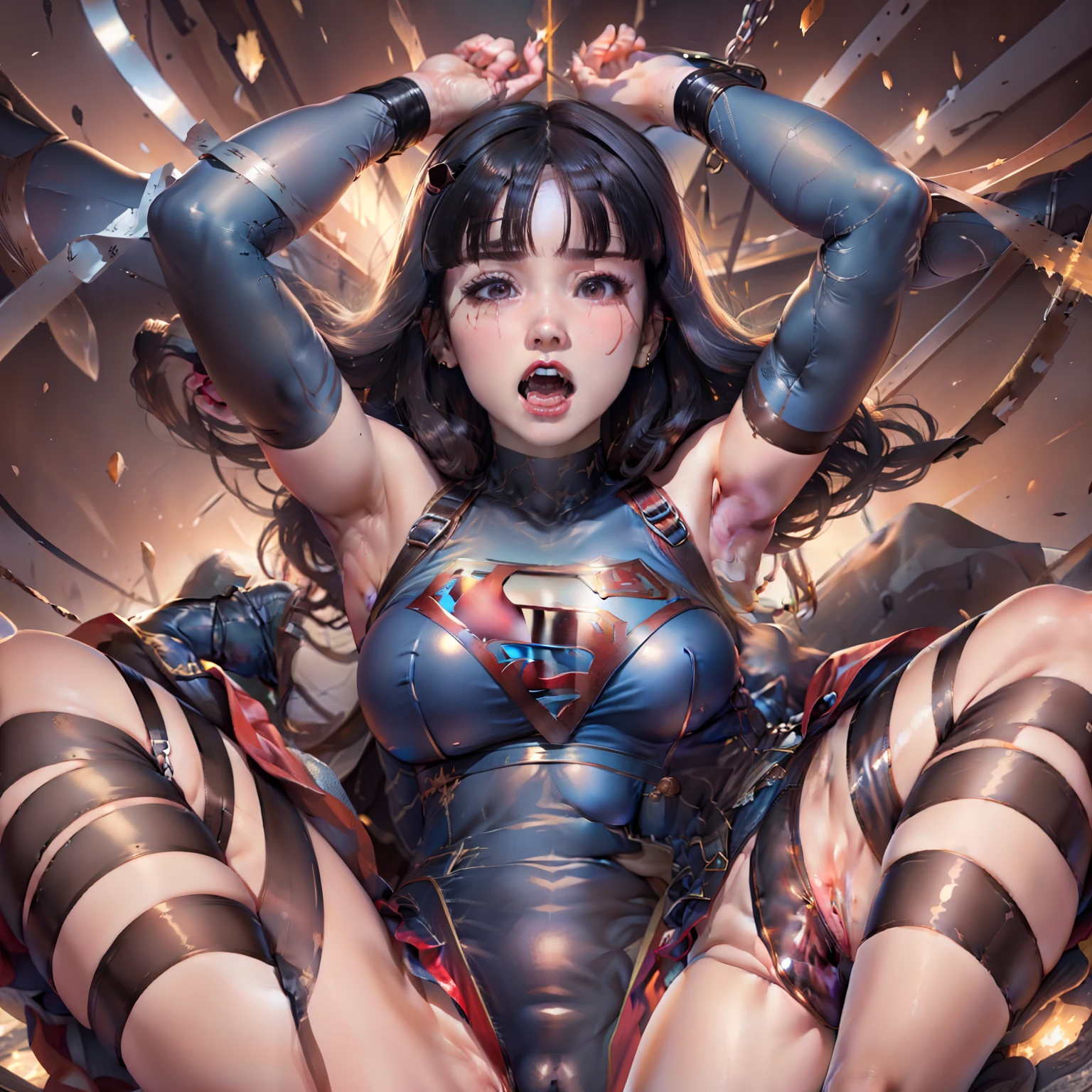 software,(Ultra-realistic photo of Supergirl tied up in chains:1.2),superman tight fit suit,4k,8k,HDR,(Depth of the bounds written:1.2),Bokeh,hyper detail,(Naughty:1.2)facial expression,(Fat stature),(broken clothes)),(Full of scars)),((spread your legs)),(she is screaming in fear) , (she is scared), (she cries a lot), (she screams、beg for mercy), (she suddenly started crying),