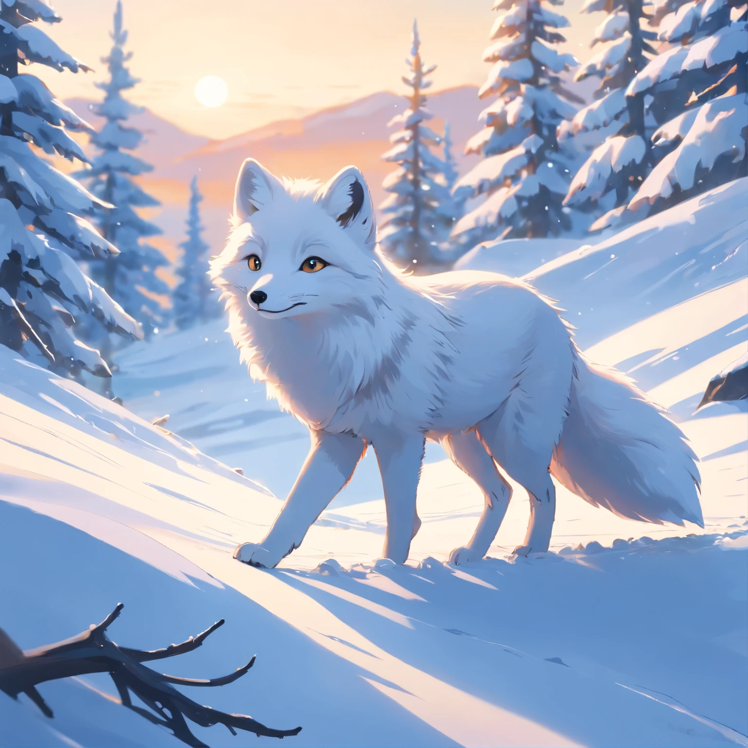 A male arctic fox, joyfully playing in a pure white snowy field. The sunlight shines on its fur, creating a dazzling silver-white shine. Surrounding the fox is a tranquil snowy landscape, with a row of neatly arranged snow-capped pine trees behind it, adding a beautiful backdrop to the scene. The high detail, ultra-quality, high-resolution, 1080p image captures the unique charm and natural beauty of the arctic fox. The fox's furry tail and sharp claws are particularly eye-catching. Its grey skin, grey ears, and golden eyes add many unique features to this arctic fox. Alone in the snow, the fox plays freely, exuding a sense of both solitude and .