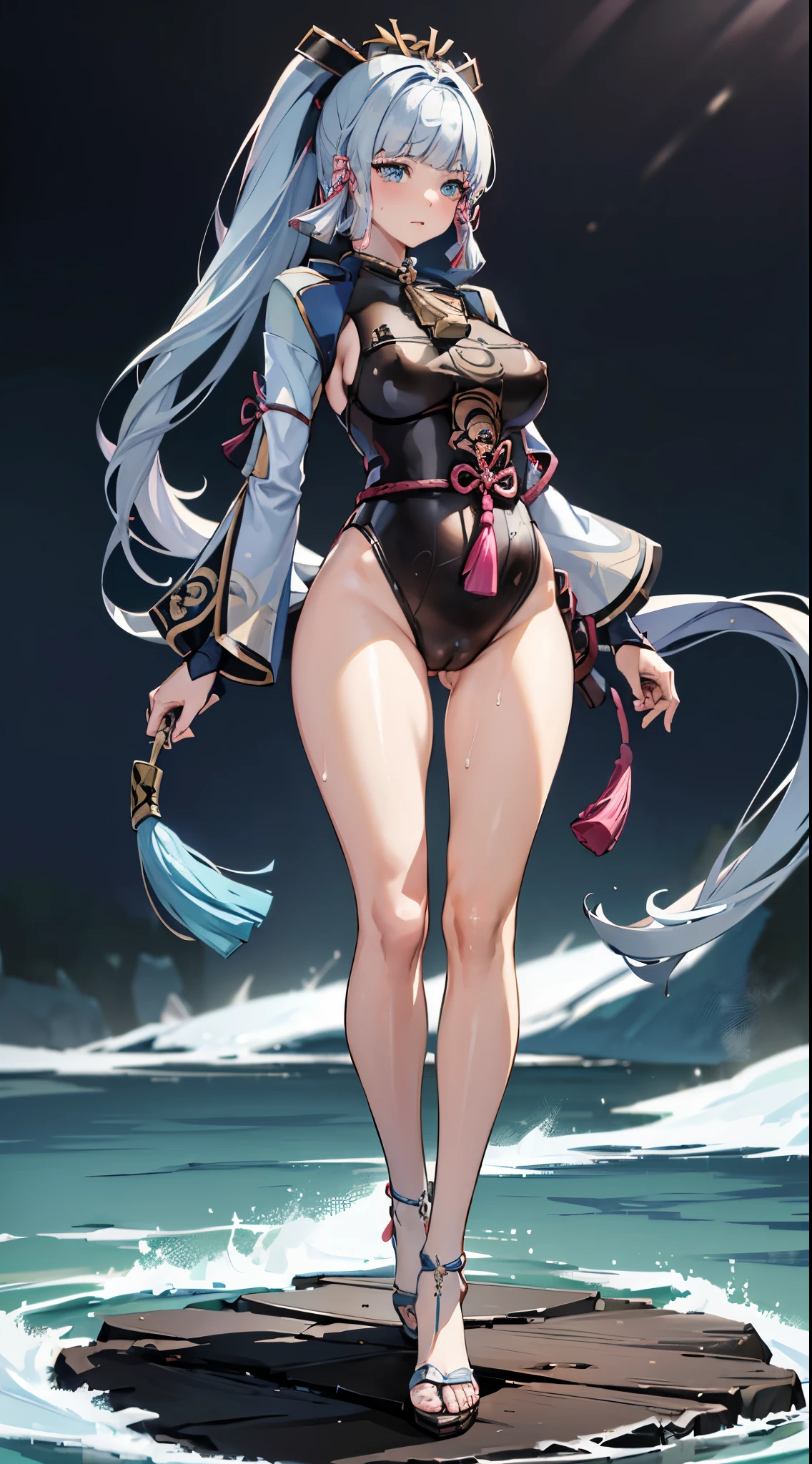 (((Ayaka /(Genshin Impact/)))), (((wearing full body painted on bodysuit. The paint is coming of because of her sweat))), (((painted clothes))), (female pervert), ((wet pussy dripping liquid)), (((heavily lactating breasts))), extremely curvy, (((extremely gigantic breasts that reach the floor))) ((lustful expression like she is about to climax)) ((erect nipples)) (thicc) (curvy), extremely detailed,((best quality)) ((HD)) ((8k)) ((beautiful)), ((masterpiece)), best quality, perfect face, expressive eyes ,sexy, sexy pose, plush lips, makeup, lipstick, (((highly detailed anime art))), (((standing in public area with an aroused but embarrassed expression))) ((light blue hair)), ((bright light blue eyes)), (breasts covered with painted clothes) ((realistic texture)), wet, ((heavy blushing)), ((cameltoe)), nipple outline, ((6 inch high heels))