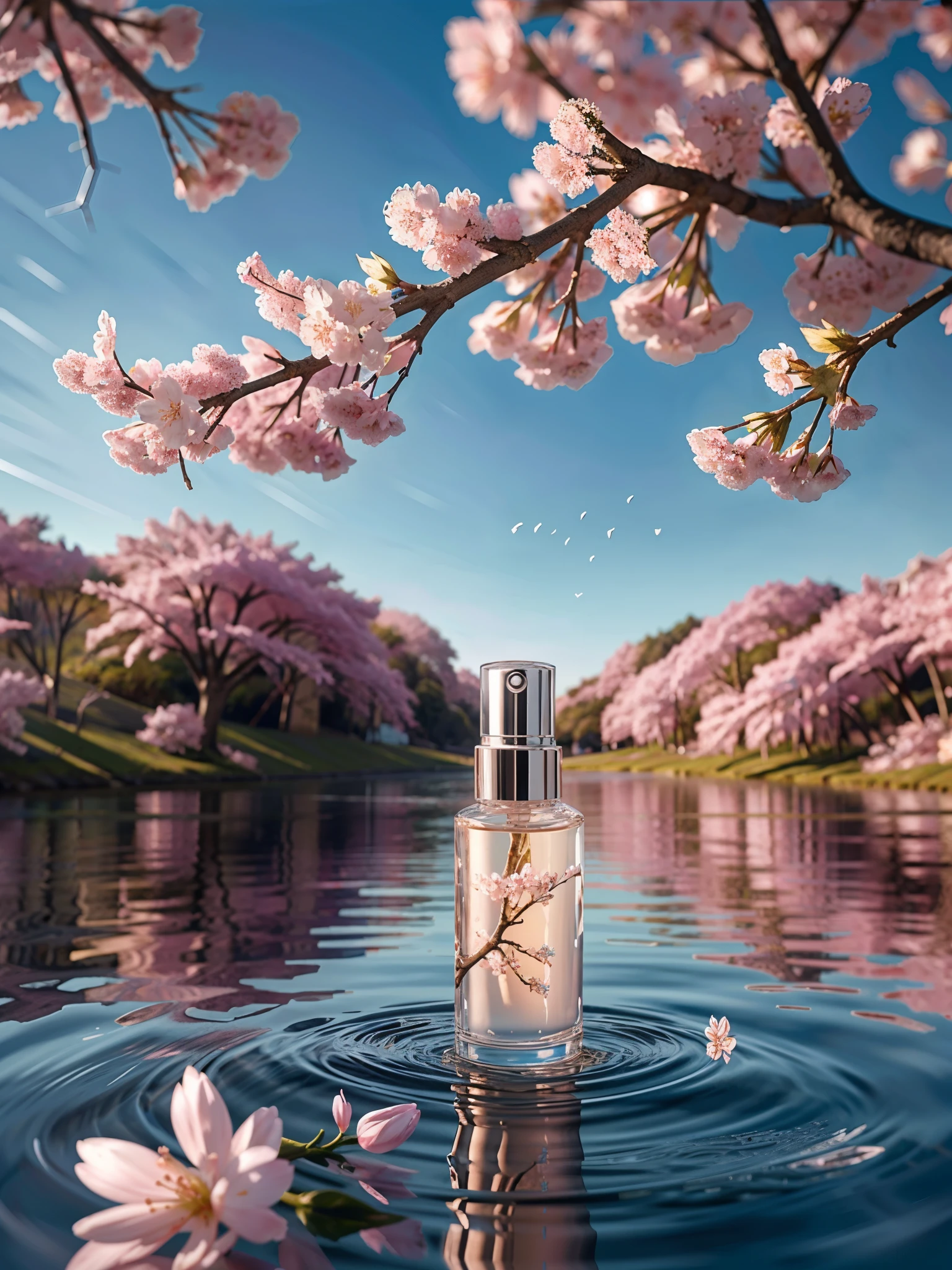 BEST QUALITY, 4K, 8K, HIGH RESOLUTION, MASTERPIECE, ULTRA-DETAILED, PHOTOREALISTIC, BLENDER, MAKEUP BOTTLE, CHERRY BLOSSOM WRAPPED AROUND, BLUE SKY BACKGROUND, WATER, SUNLIGHT, LOW PERSPECTIVE, PRODUCT RENDERING