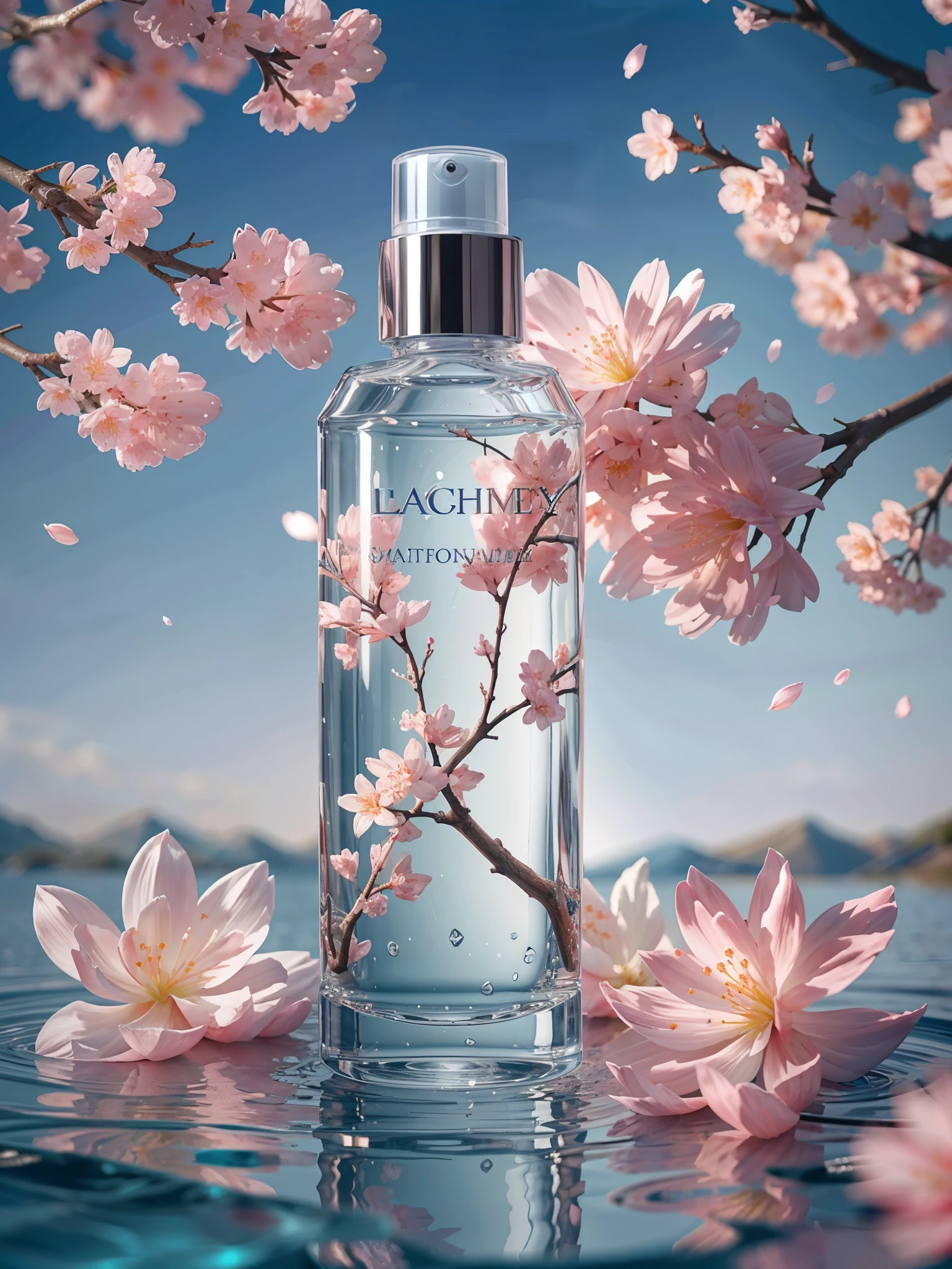 BEST QUALITY, 4K, 8K, HIGH RESOLUTION, MASTERPIECE, ULTRA-DETAILED, PHOTOREALISTIC, BLENDER, MAKEUP BOTTLE, CHERRY BLOSSOM WRAPPED AROUND, BLUE SKY BACKGROUND, WATER, SUNLIGHT, LOW PERSPECTIVE, PRODUCT RENDERING