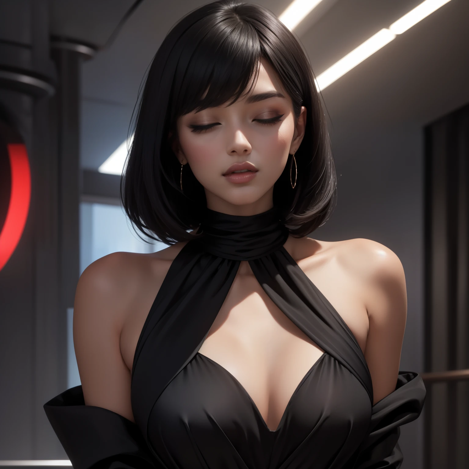 "Boldly redefine allure with an alluring, wide-neck, shimmering black dress draped on a seductive woman."