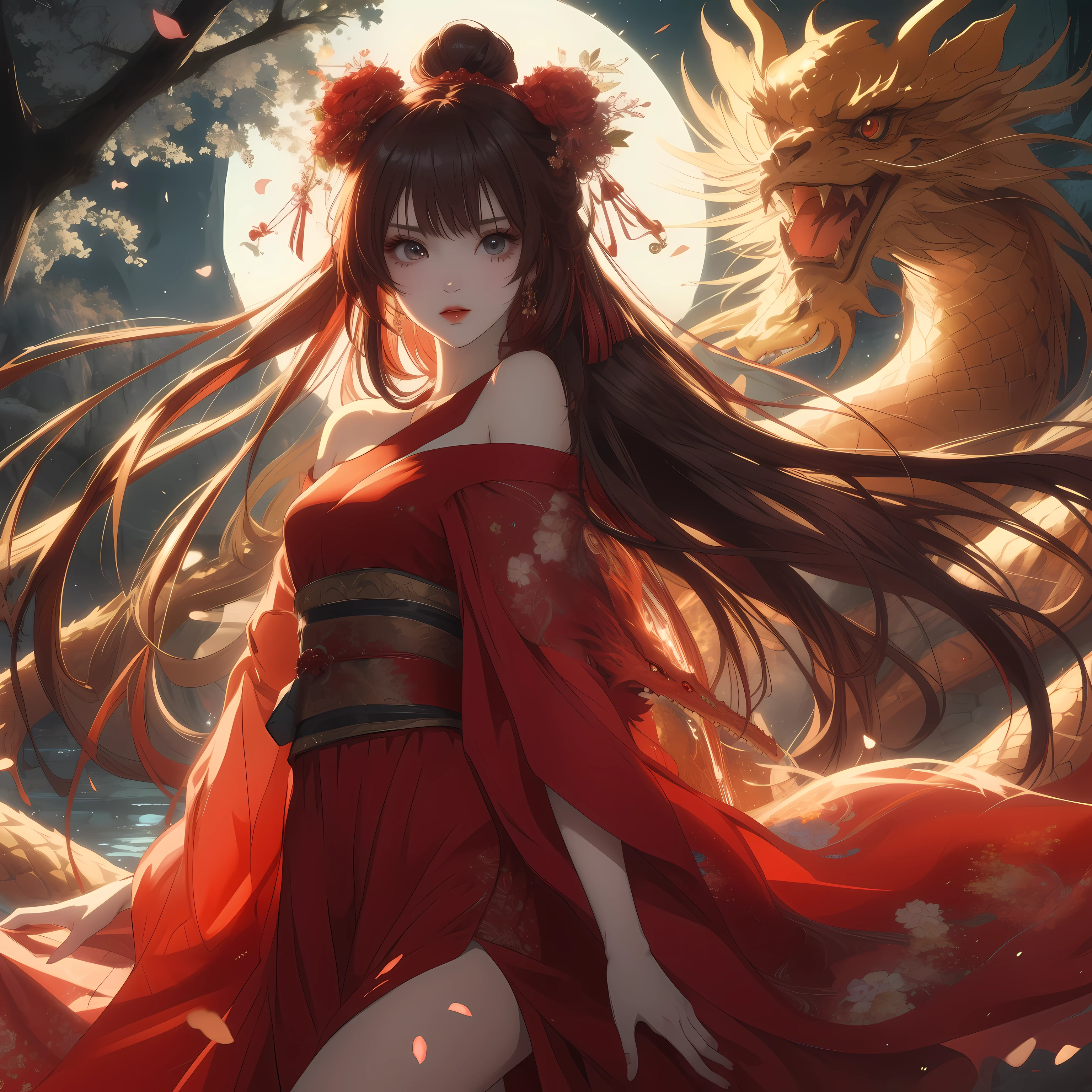 A woman in red stands next to the dragon, anime style 4k, Animation Art Wallpaper 8k, Anime Art Wallpaper 4k, Anime Art Wallpaper 4k, anime wallpaper 4k, anime wallpaper 4k, Beautiful fantasy anime, 4k anime wallpaper, beautiful anime girl, anime long hair girl, Anime fantasy artwork, Beautiful anime woman