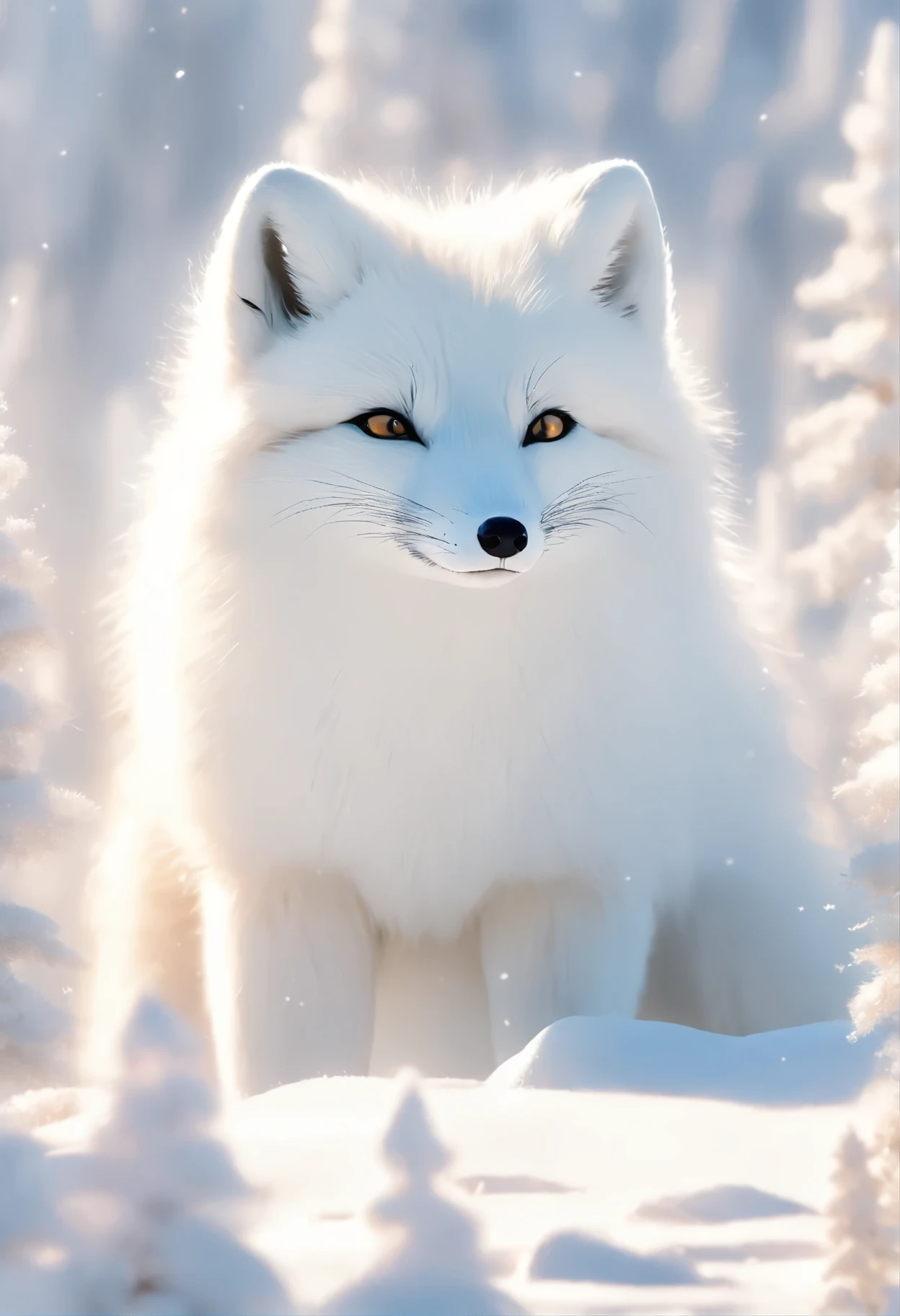 A male arctic fox, joyfully playing in a pure white snowy field. The sunlight shines on its fur, creating a dazzling silver-white shine. Surrounding the fox is a tranquil snowy landscape, with a row of neatly arranged snow-capped pine trees behind it, adding a beautiful backdrop to the scene. The high detail, ultra-quality, high-resolution, 1080p image captures the unique charm and natural beauty of the arctic fox. The fox's furry tail and sharp claws are particularly eye-catching. Its grey skin, grey ears, and golden eyes add many unique features to this arctic fox. Alone in the snow, the fox plays freely, exuding a sense of both solitude and .