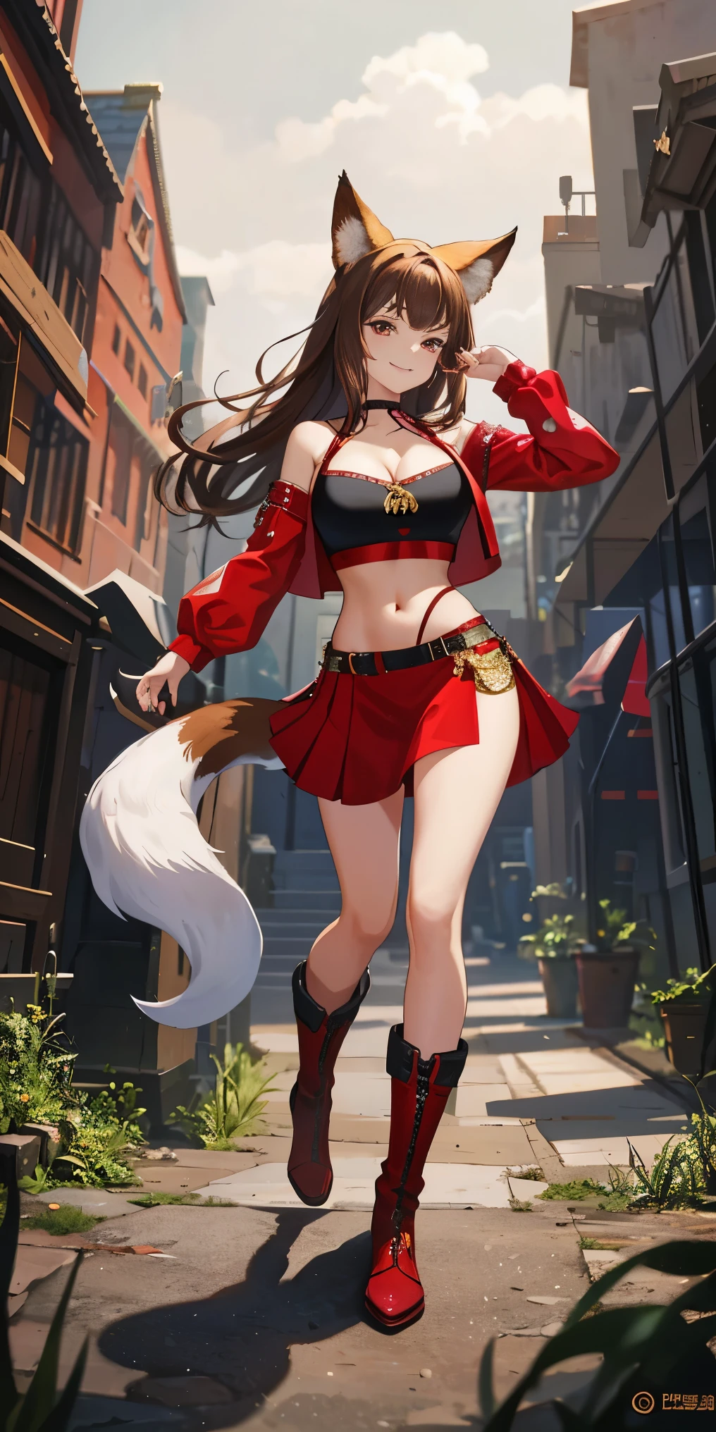 masterpiece, top quality, high resolution, solo, black and red crop top, cleavage, medium breasts, midriff, fox ears, crop top, micro skirt, sexy, brown hair, cowboy shot, full body, smirk