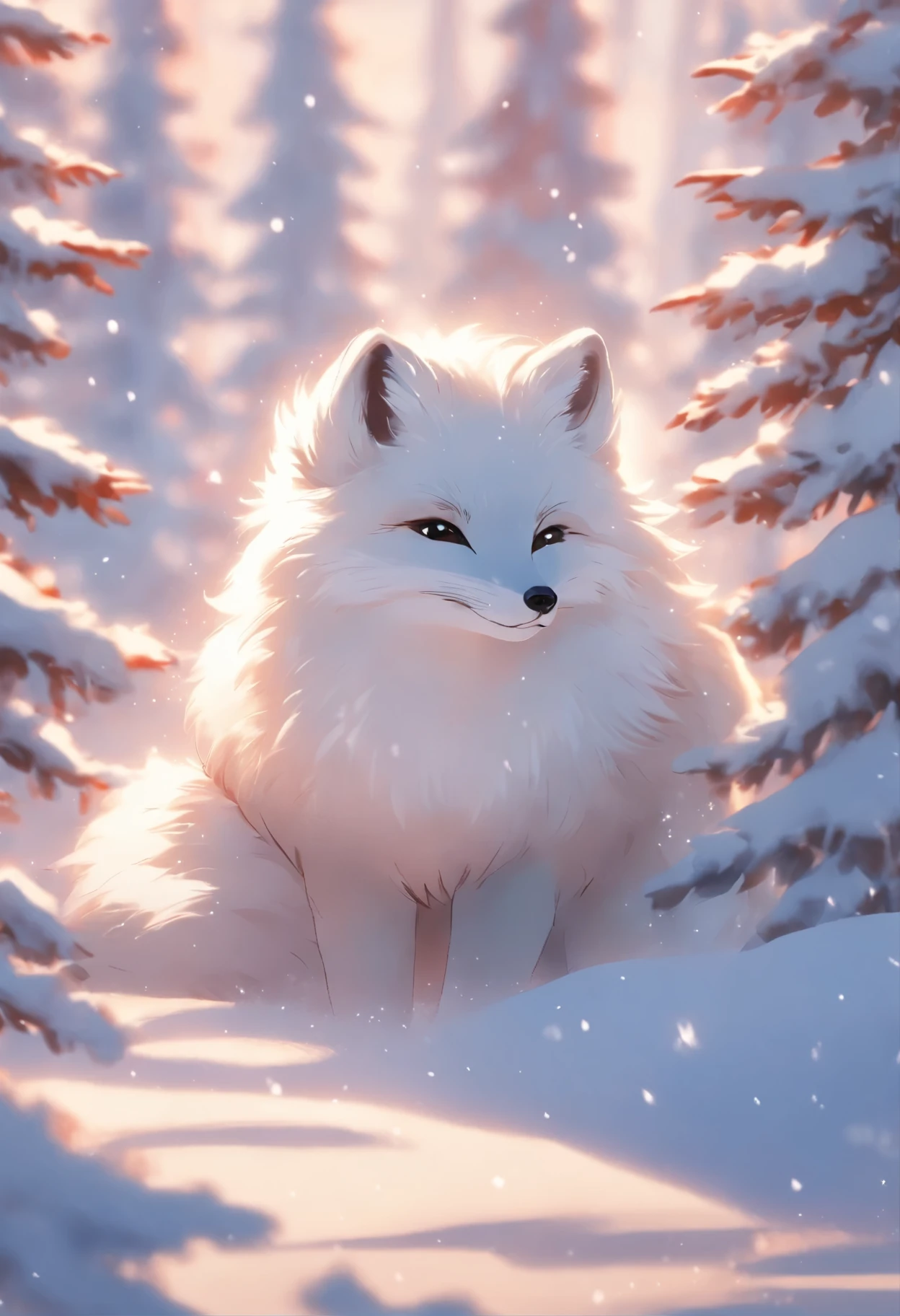 A male arctic fox, joyfully playing in a pure white snowy field. The sunlight shines on its fur, creating a dazzling silver-white shine. Surrounding the fox is a tranquil snowy landscape, with a row of neatly arranged snow-capped pine trees behind it, adding a beautiful backdrop to the scene. The high detail, ultra-quality, high-resolution, 1080p image captures the unique charm and natural beauty of the arctic fox. The fox's furry tail and sharp claws are particularly eye-catching. Its grey skin, grey ears, and golden eyes add many unique features to this arctic fox. Alone in the snow, the fox plays freely, exuding a sense of both solitude and .