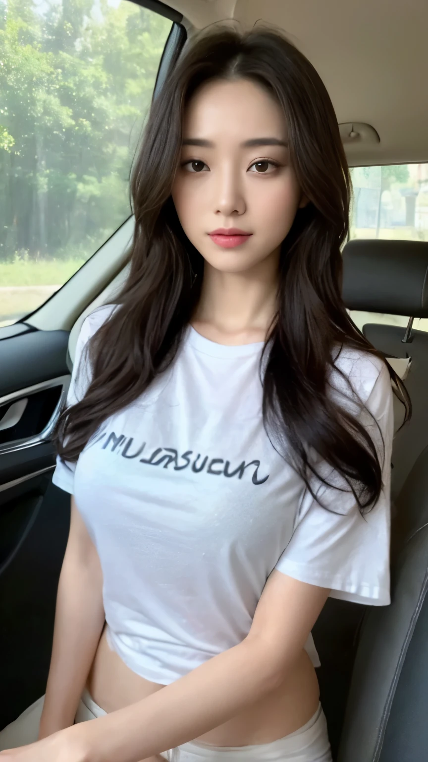 ((top-quality、8k、masterpiece:1.3))、Beautiful woman with perfect body:1.4、slim abdomen:1.2、Longhair, normal breast, Highly detailed facial and skin texture, A detailed eye, delicate eyes, double eyelid, (smile), (full body shot), ((in the car 1.1)), (sitting in the car), (((wearing casual t-shirt)), looking in front
