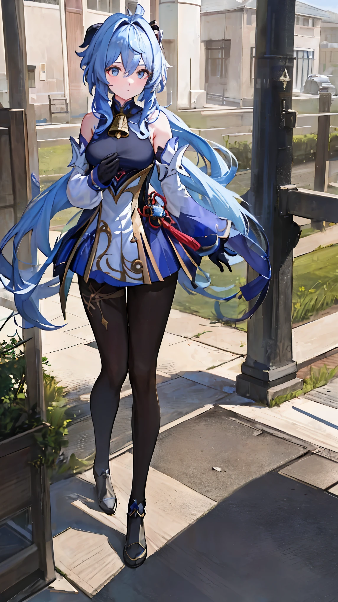 (photoactual:1.4), (masterpiece, side light, Delicate and beautiful eyes: 1.2), masterpiece*portrait, actual, 3d face, 
employment \(Genshin Impact\), 1 girl, ahog, architecture, Bangs, bare shoulders, bell, black Gloves, black pantyhose, (blue hair), blush, breast, Chinese knot, Detached sleeves, rosette, Gloves, trumpet, long hair, looking at the audience, medium breast, neck bell