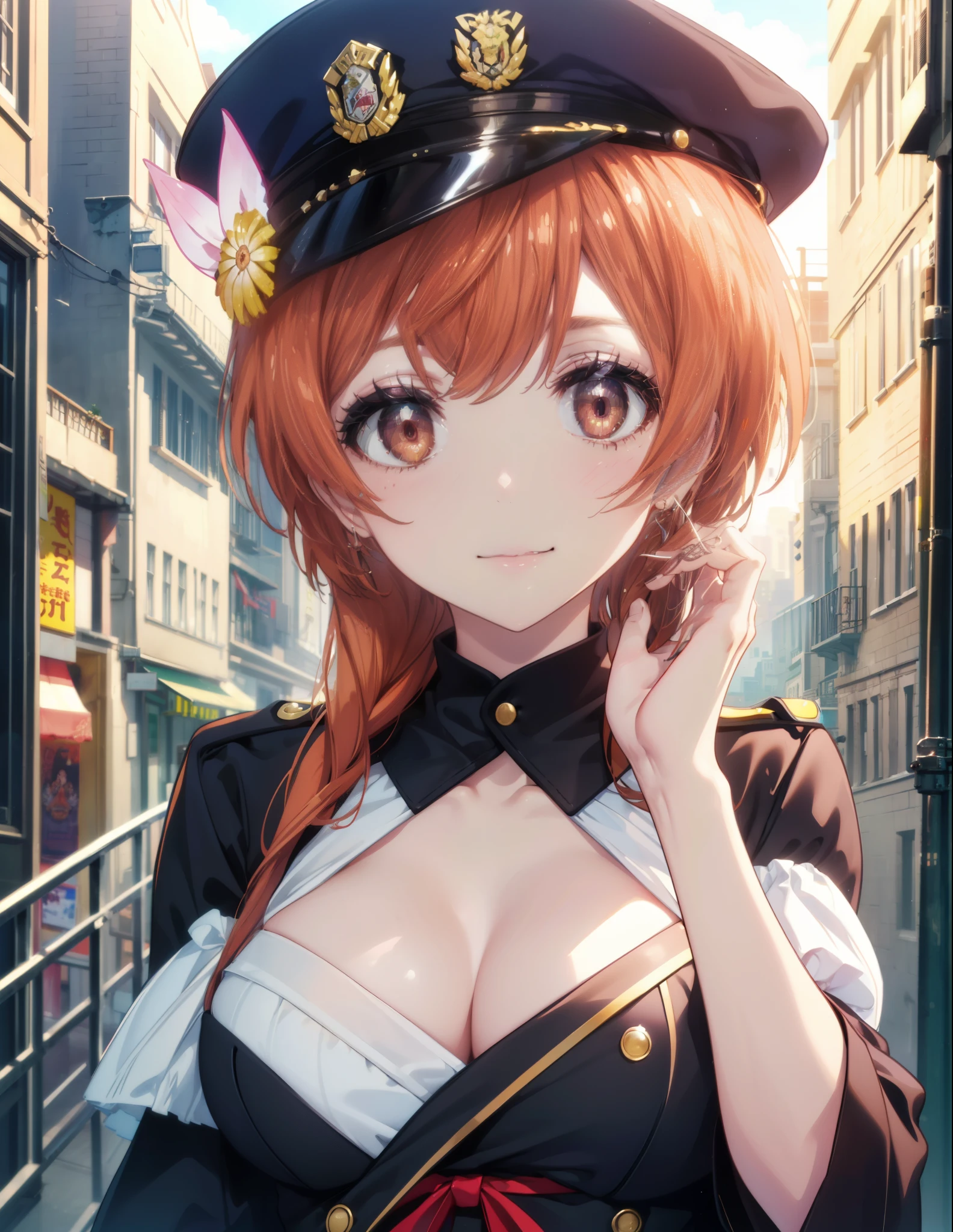 8k,highest quality,masterpiece,expensive body, expensive, long legs, mature female, mature, adult, It is_Nisekoi_orange, 1 girl, alone, hair ornaments, flower, hair flower, smile, null, long hair, outdoors, Upper body, brown hair, red eyes, clavicle, brown eyes, orange hair, side lock,sexy police uniform,police hat,Girl salutes, Hands are applied to the head,(masterpiece:1.2), highest quality, High resolution, unity 8k wallpaper, (shape:0.8), (beautiful and detailed eyes:1.6), highly detailed face, perfect lighting, Very detailed CG, (perfect hands, perfect anatomy),