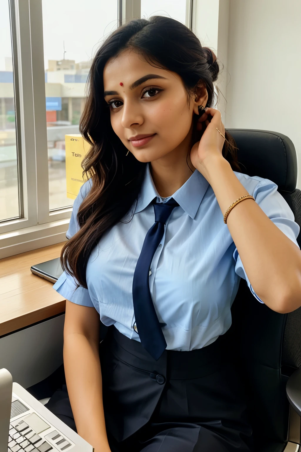 Picture this scene: The Gujarati woman, dressed impeccably in formal attire, is seated comfortably behind her desk at HDFC Bank. With a subtle air of confidence, she holds her smartphone, capturing a candid selfie from the front camera. Her posture is relaxed yet attentive, embodying professionalism as she balances her duties at the bank with a moment of personal expression.
The midday sunlight streams in through the windows, casting a warm glow on her features, enhancing her natural beauty. Her long, wavy black hair is neatly tied up in a bun, with a few loose strands framing her face. Her dark, expressive eyes are fixed on