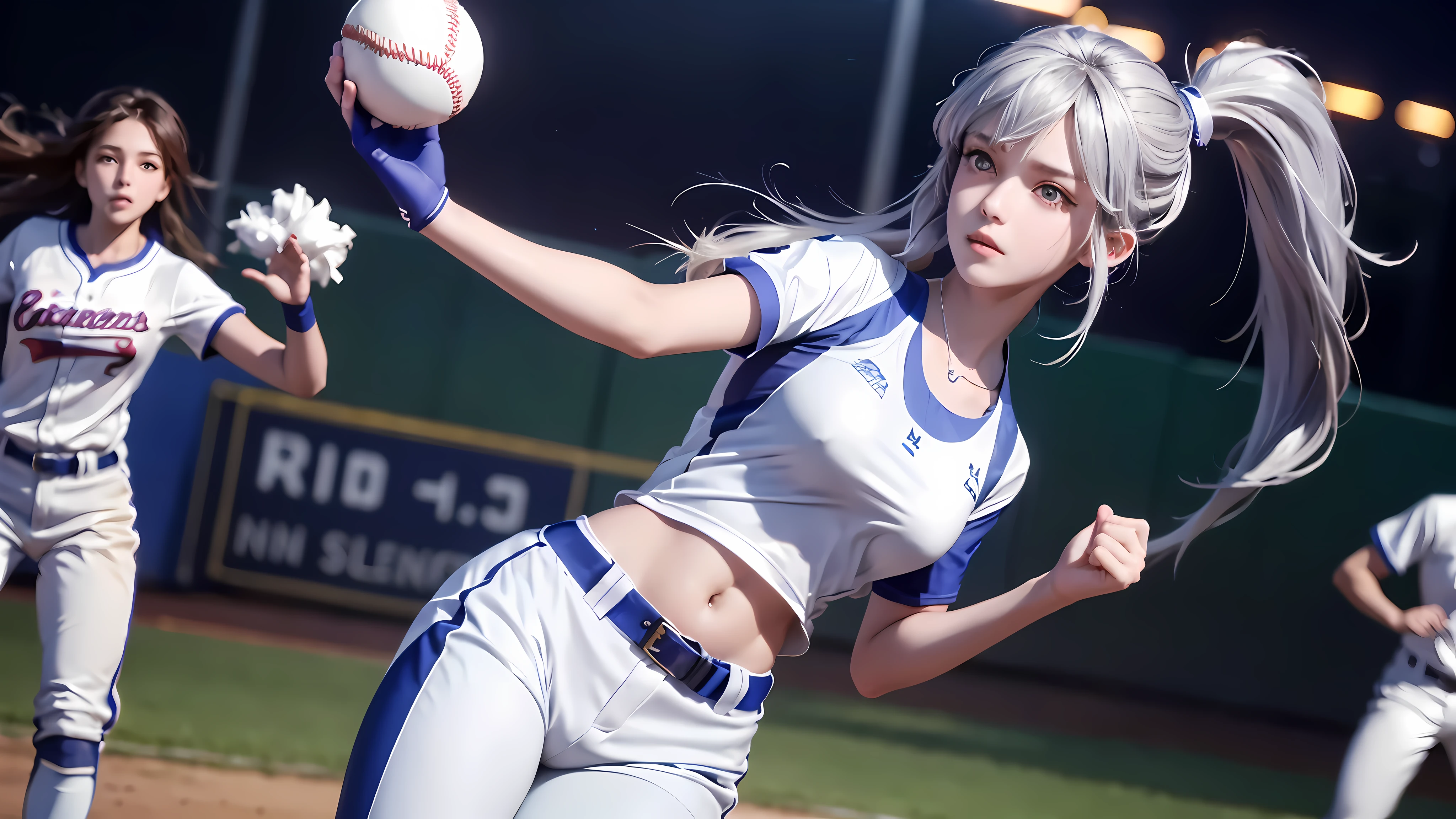 Female baseball player pitching，baseball bat in hand，Batting dynamics，Correct ergonomics（1.5），masterpiece，top quality，ultra wide angle lens（1.5)（realistically，realistically：1.4），（original photo：1.4），Very beautiful CG Unity 8k wallpaper，Very delicate and beautiful，Mann pays attention to detail，official art，beautiful eyes and face（1.5），beautiful and delicate eyes，There is light on the face，a girl，long white hair，（pom poms）navel，upper part of body，baseball uniform，He wears baseball gloves on his hands， Baseball field，