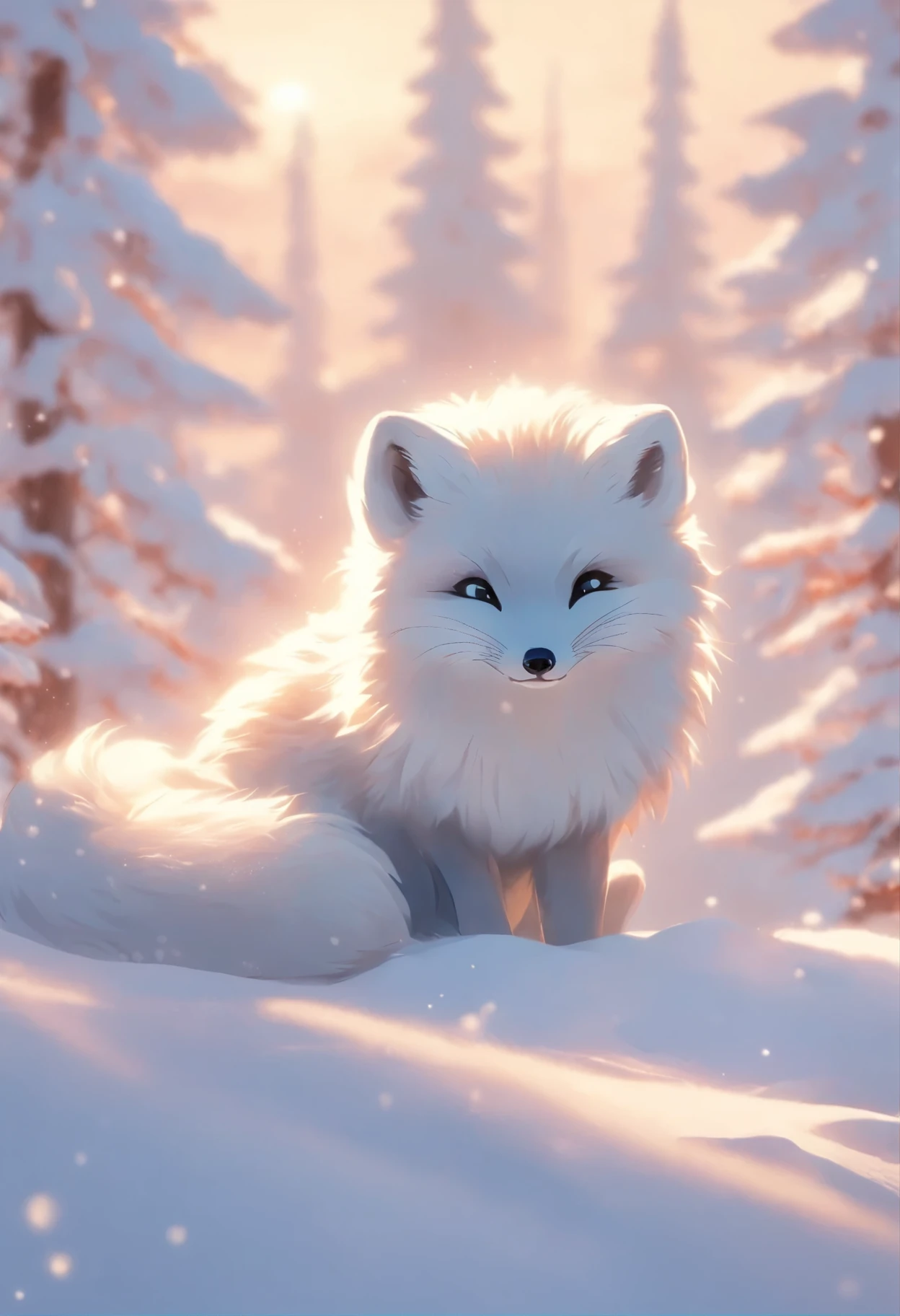 A male arctic fox, joyfully playing in a pure white snowy field. The sunlight shines on its fur, creating a dazzling silver-white shine. Surrounding the fox is a tranquil snowy landscape, with a row of neatly arranged snow-capped pine trees behind it, adding a beautiful backdrop to the scene. The high detail, ultra-quality, high-resolution, 1080p image captures the unique charm and natural beauty of the arctic fox. The fox's furry tail and sharp claws are particularly eye-catching. Its grey skin, grey ears, and golden eyes add many unique features to this arctic fox. Alone in the snow, the fox plays freely, exuding a sense of both solitude and .