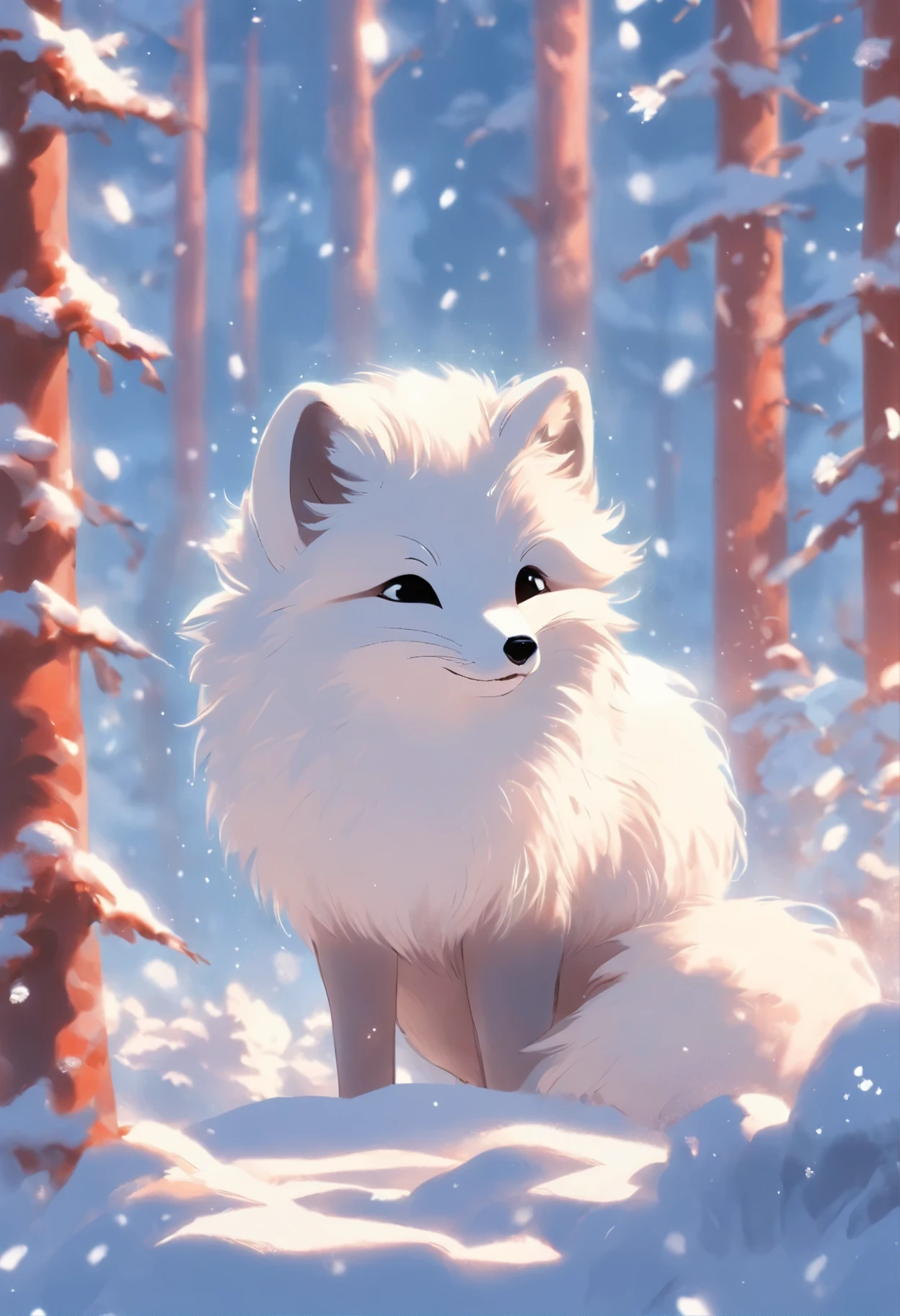 An arctic fox plays happily in pure white snow,Its hair shines silvery white in the sun,Surrounded by quiet snow scenery,There is a neat row of cedar trees behind the fox。
