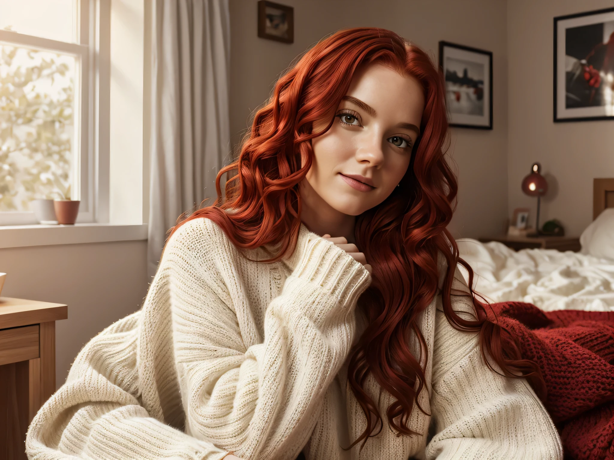 Love, Man and woman, The girl has bright red wavy hair, White sweater, Cozy room, soft portrait, 8K, realism, detailed