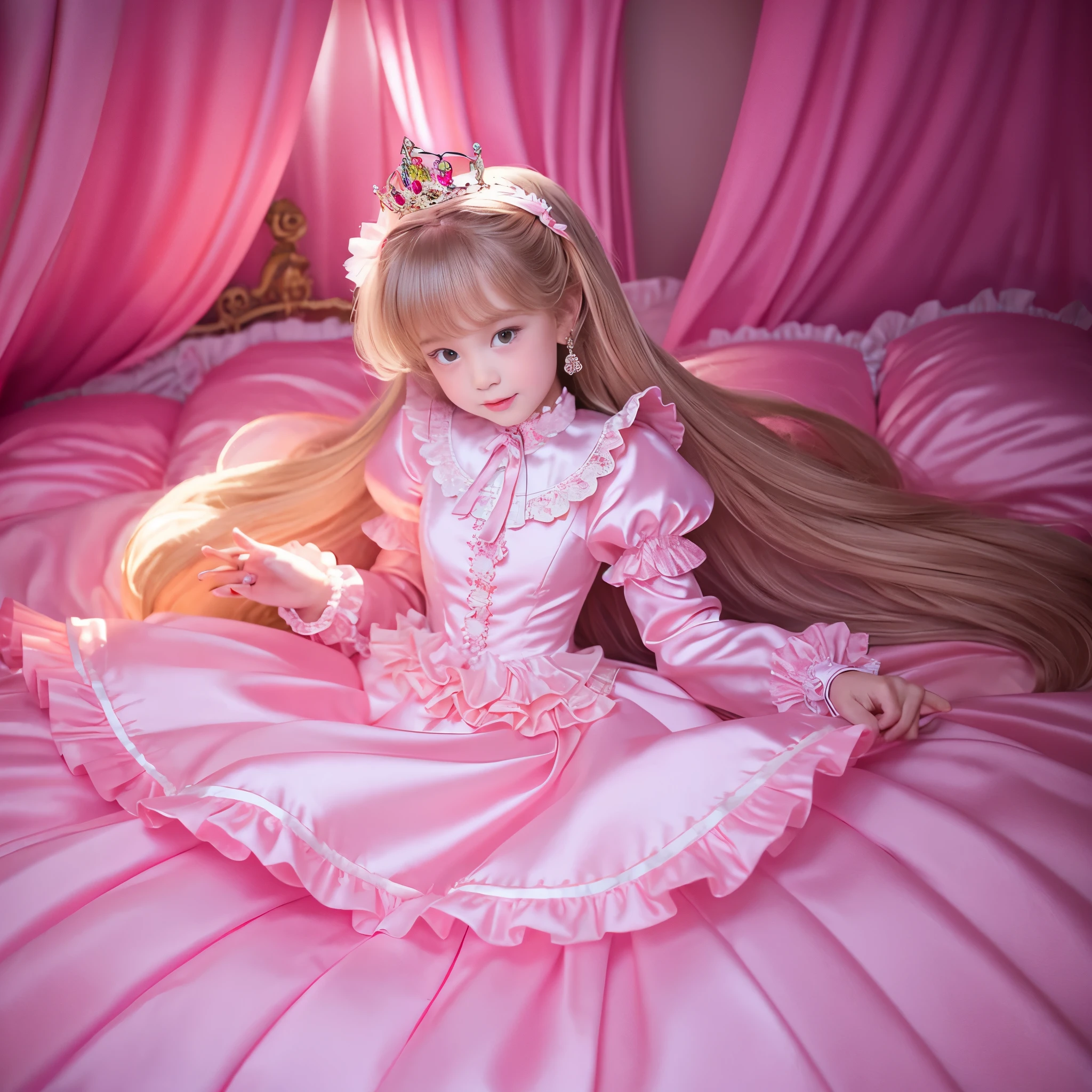 ,highest quality, masterpiece, highest resolution, artwork, super それにget used to it, many get used to it, get used to it, それにget used to it, 3K realistic photos,,((10 year old s)),Super detailed baby face,both are princesses,detailed luxury tiara,Full length ball gown dress with hoop skirt,ruffled yoke collar,Detailed braided ribbon on chest,puff sleeves,long sleeve,((Lolita stylt pink detailed princess satin dress、Comes with lots of frills and ribbons。)),crazy&#39;colorful fashion,shiny silk satin dress,soft and smooth silk satin fabric,luxury,Very long blonde hair,blue eyes,white skin european,pajamas,((inside the palace)),Princess dancing happily,gorgeous flowing dress,fine white frills and lace,Super long hair that is as tall as your body,white long socks,drawers with lots of frills,castle bedroom at night,Super long flowing hair,on the bed,豪華な天蓋付きon the bed,巨大な広いon the bed,Pink pillow with lots of frills,Silk satin pink curtains with luxurious ruffles and ribbons surround the bed,princess sitting on bed,Pillows piled up behind the princess,A princess leaning back on a pile of pillows,Long hair scattered like a fan on the bed,