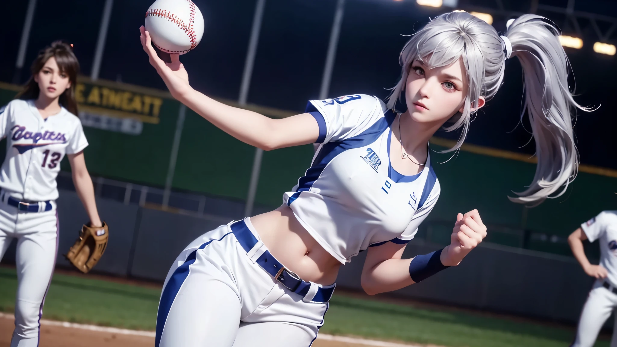Female baseball player pitching，baseball bat in hand，Batting dynamics，Correct ergonomics（1.5），masterpiece，top quality，ultra wide angle lens（1.5)（realistically，realistically：1.4），（original photo：1.4），Very beautiful CG unity 8k wallpaper，Very delicate and beautiful，Mann pays attention to detail，official art，beautiful eyes and face（1.5），beautiful and delicate eyes，There is light on the face，a girl，long white hair，（pom poms）navel，upper part of body，baseball uniform，He wears baseball gloves on his hands， Baseball field，