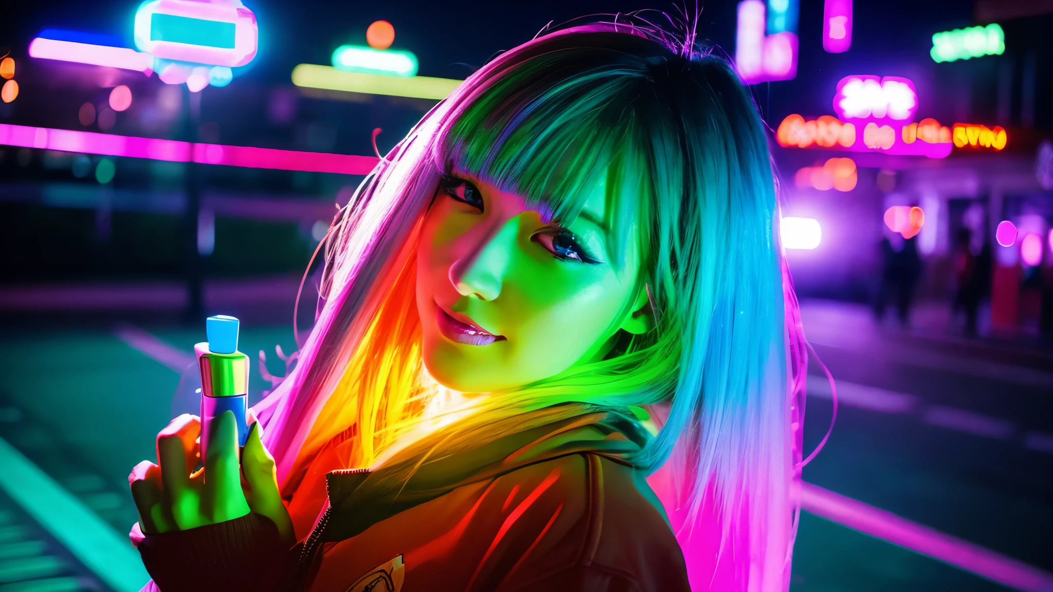 Allein, sehr detailiert, detailliertes Gesicht, Pokidiffusion, Image of a beautiful girl with long, unordentlichem Haar (sparkling green hair) Tragen von Freizeitkleidung mit Muster, Happy, outside in a common place, Sonnenuntergang, Abendhimmel, detaillierte Schattierung und Beleuchtung, lifts her top and shows her bare breasts
