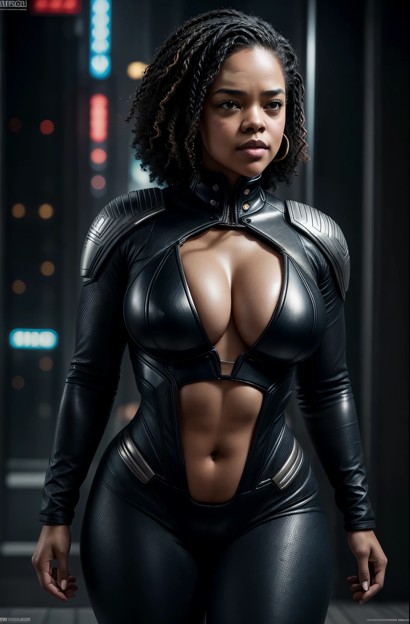 awardwinning photo, played by Tessa Thompson, highly detailed, thick figure, heavy figure, Full figured woman, Cyberpunk Suit, hyper realistic, porcelain skin, A dark-haired, Deep Cleavage, erotic costumes, gros-plan, vibrating, Photorealista, realist, Dramatic, murky, sharp focus, 8K、highcontrast、teats、Erotic、Cool pose