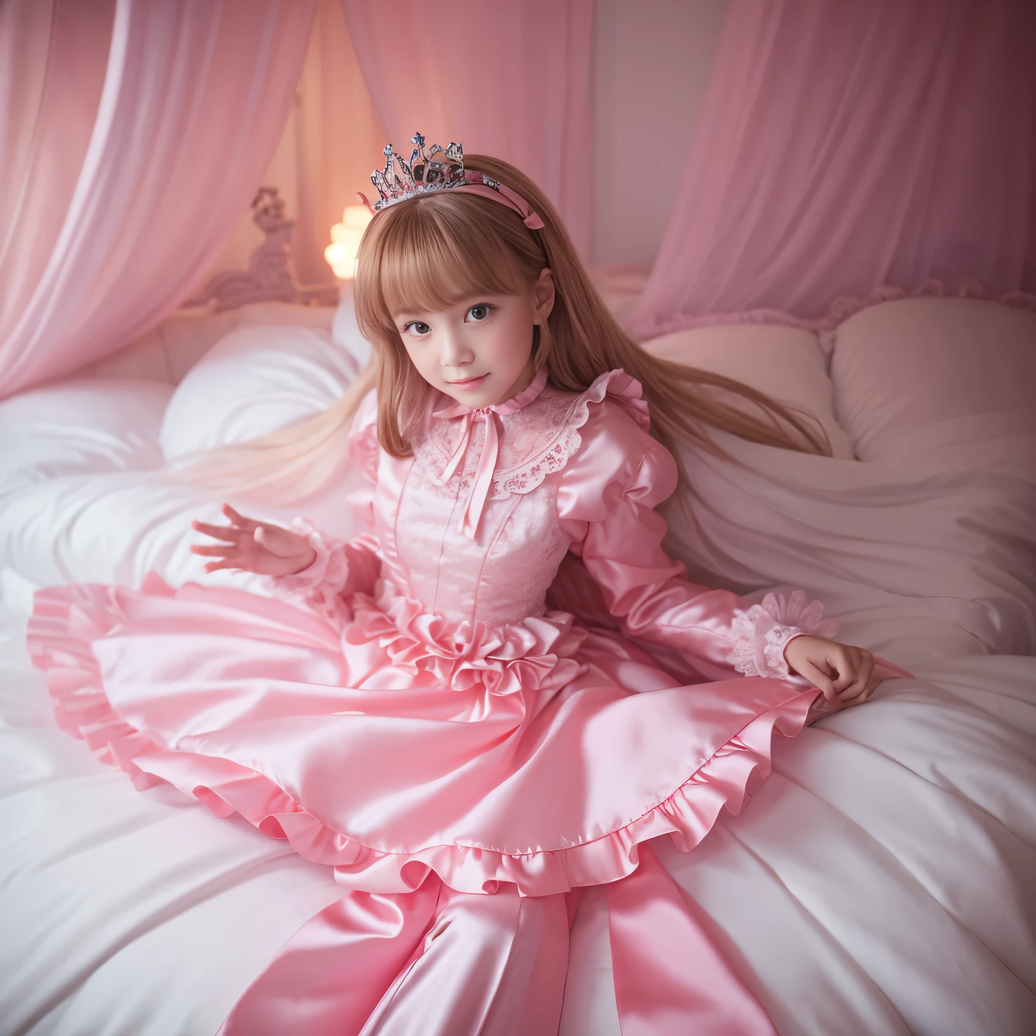 ,highest quality, masterpiece, highest resolution, artwork, super それにget used to it, many get used to it, get used to it, それにget used to it, 3K realistic photos,,((10 year old s)),Super detailed baby face,both are princesses,Full length ball gown dress with hoop skirt,ruffled yoke collar,Detailed braided ribbon on chest,puff sleeves,long sleeve,((Lolita stylt pink detailed princess satin dress、Comes with lots of frills and ribbons。)),crazy'colorful fashion,shiny silk satin dress,soft and smooth silk satin fabric,luxury,Very long blonde hair,blue eyes,white skin european,pajamas,((inside the palace)),Princess dancing happily,gorgeous flowing dress,fine white frills and lace,Super long hair that is as tall as your body,white long socks,drawers with lots of frills,castle bedroom at night,Super long flowing hair,on the bed,豪華な天蓋付きon the bed,巨大な広いon the bed,pillow with lots of frills,Silk satin curtains with luxurious ruffles and ribbons surround the bed,on the bedジャンプするお姫様,