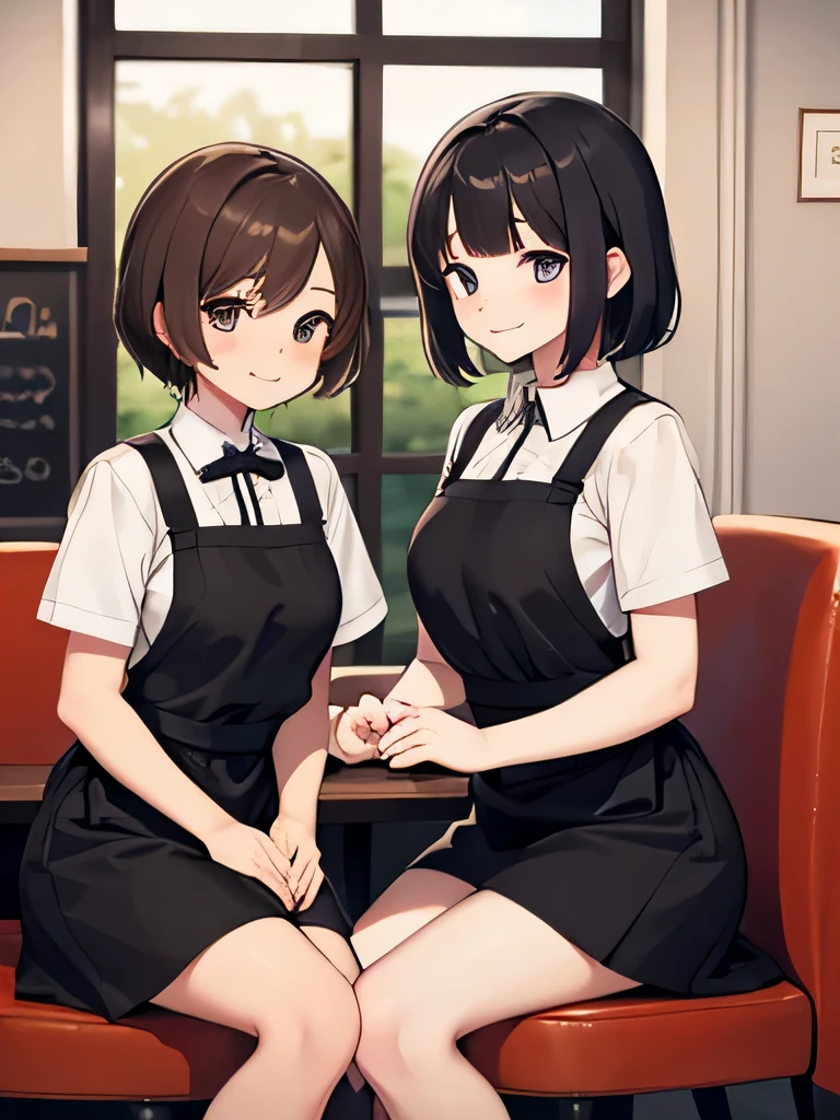 (1) two women, Wearing matching black aprons, sitting in a cafe chair and chatting.
(2) The first one is  and looks young.. High school uniform under the apron. She has short brown hair.
(3) The second woman is 22 years old and looks more mature.. Under the apron is a white turtle knit and a black miniskirt.. she has long black hair.
(4) Both of them are smiling and talking.
(5) Nice cafe at night when it closes.