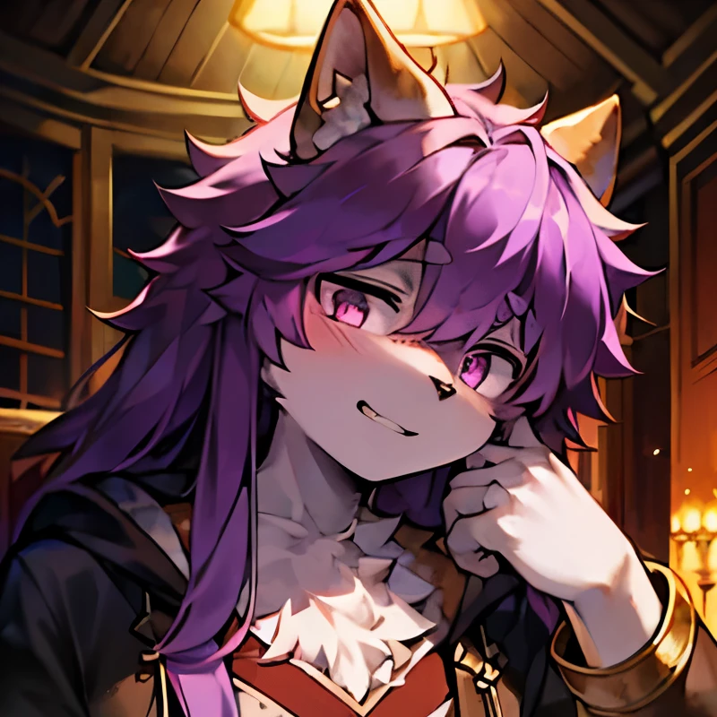 masterpiece, high quality resources,fluffy fur) male cat,long hair,dull eyes,dim pupils,Dim light,dull eyes,Upper body,Character focus.(Detailed background:0.7),alone,hairy,hairy male ,male focus,Full body fur, hairy紫色尾巴, purple and white fur,Burgundy eyes,purple hair,confident,not shy,full of momentum,young people,1.85 meters tall,Teens,dress,Fake laugh,Moderate,Shut up,Contemporary society,sitting on a wooden chair,The momentum of the superior
