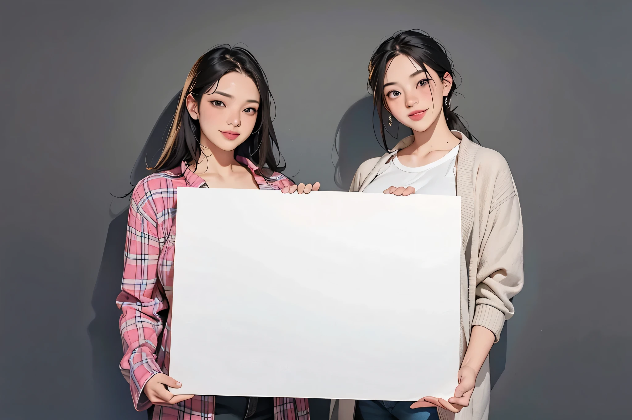 two women holding a blank sign in front of a gray background, the action of the subject: Hold a sign, the action of the subject : Hold a sign, One woman carries another woman.., woman Hold a sign, on a gray background, ผู้asian woman, two women, ผู้หญิงของเขาHold a sign, Full color photos, advertising pictures, Marketing Image, Big Picture, asian woman, Asian descent, smile
