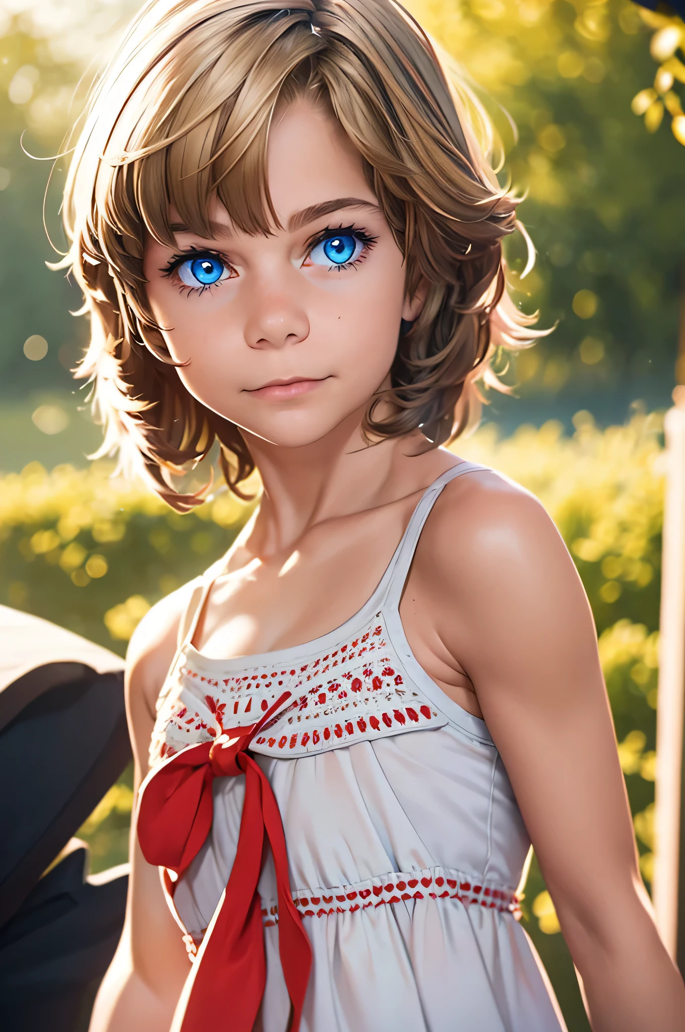 1 woman，5 years，，small ，One, (Background with：City Park，Bright Park, ）, Dynamic angle, ultra detailed, Illustration, close-up, straight, Only 1 girl, She has blonde hair，（（the masterpiece），（Очень подробные обои CG Unity 8K），Best quality，cinematic lighting，detailed background，beautiful detailed eyes，bright students，Blue eyes，（very good and beautiful），（Beautiful and detailed description of the eyes），ultra - detailed，the masterpiece，）），A high resolution，ultra - detailed），Flushed complexion，smile，Desire for dissatisfaction，elementary school student，（Tedious：милый small сарафан）, (red and white dress, beauty, cheerful, beautiful, slender body, ) , [[Delicate fingers and hands:0.55]::0.85],(detail fingers)))