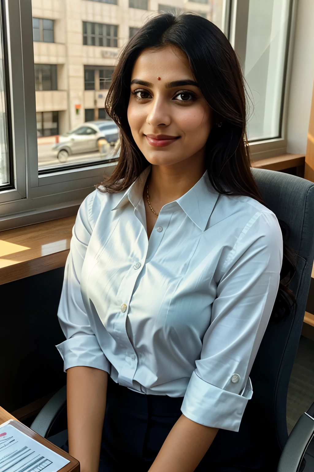 Picture this scene: The Gujarati woman, elegantly clad in formal business attire, is comfortably seated behind her desk at HDFC Bank. With a subtle, self-assured expression, she holds her smartphone, framing her face for a candid selfie from the front camera. Her posture exudes both relaxation and attentiveness, embodying the professionalism required to flawlessly balance her banking duties with a fleeting moment of personal self-expression.

The sun's rays filter in through the windows during midday, casting a warm, inviting glow over her face, highlighting her natural beauty. Amidst the mundane backdrop of the bank, there's a