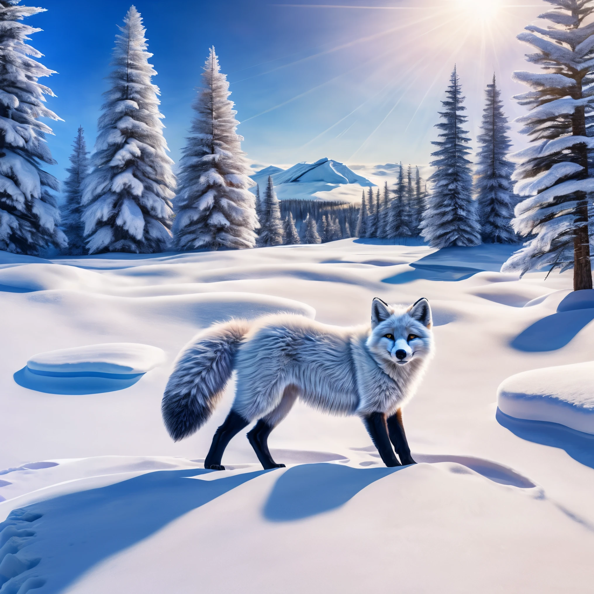 A male arctic fox, joyfully playing in a pure white snowy field. The sunlight shines on its fur, creating a dazzling silver-white shine. Surrounding the fox is a tranquil snowy landscape, with a row of neatly arranged snow-capped pine trees behind it, adding a beautiful backdrop to the scene. The high detail, ultra-quality, high-resolution, 1080p image captures the unique charm and natural beauty of the arctic fox. The fox's furry tail and sharp claws are particularly eye-catching. Its grey skin, grey ears, and golden eyes add many unique features to this arctic fox. Alone in the snow, the fox plays freely, exuding a sense of both solitude and .