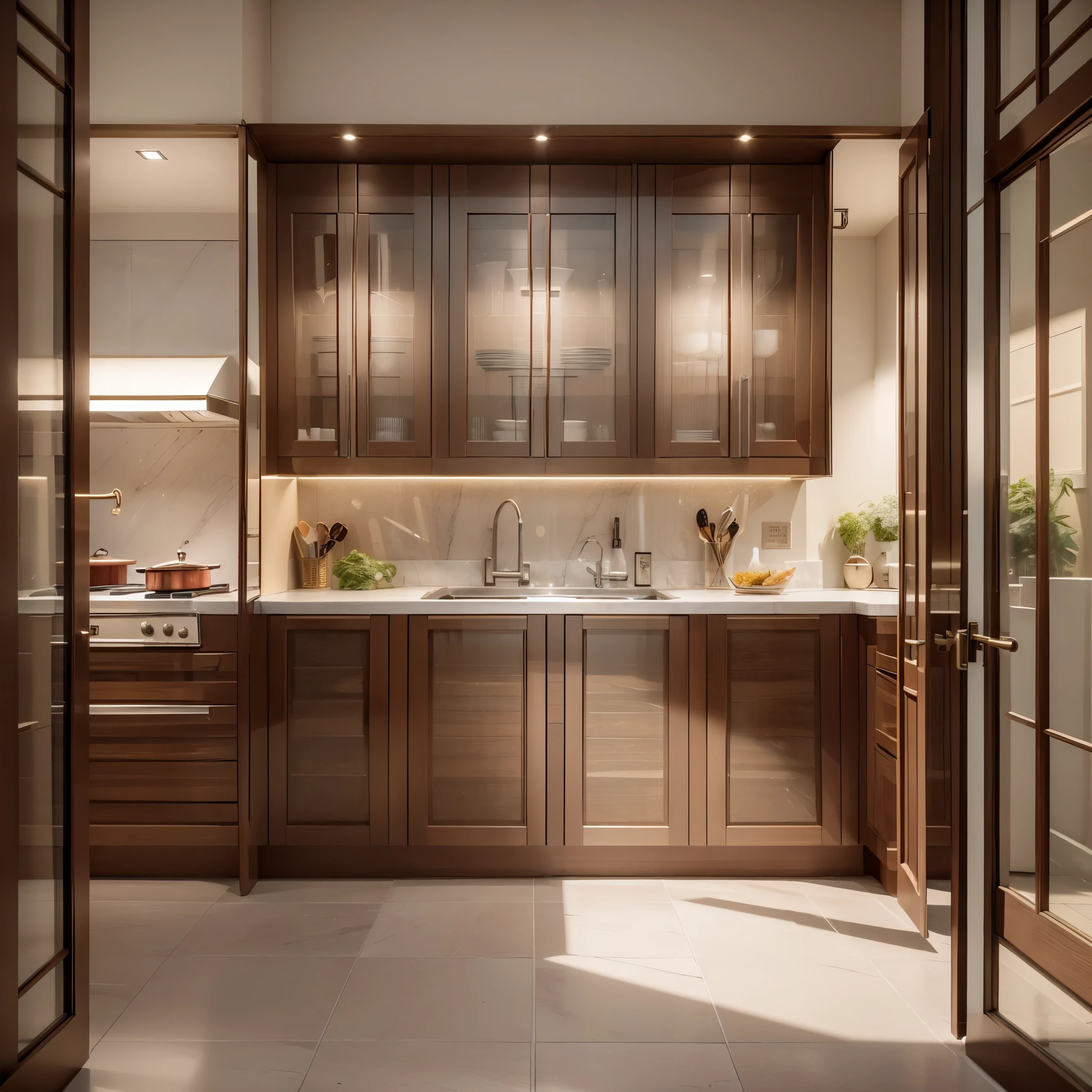 There are a lot of kitchen utensils and kitchen supplies in the cabinets, there are many products in the cabinets, kitchenware store door, door sign with product name, store, sunshine, photo realistic, front corner, high definition, 8K, delicate, delicate, high-definition aesthetics, 4k