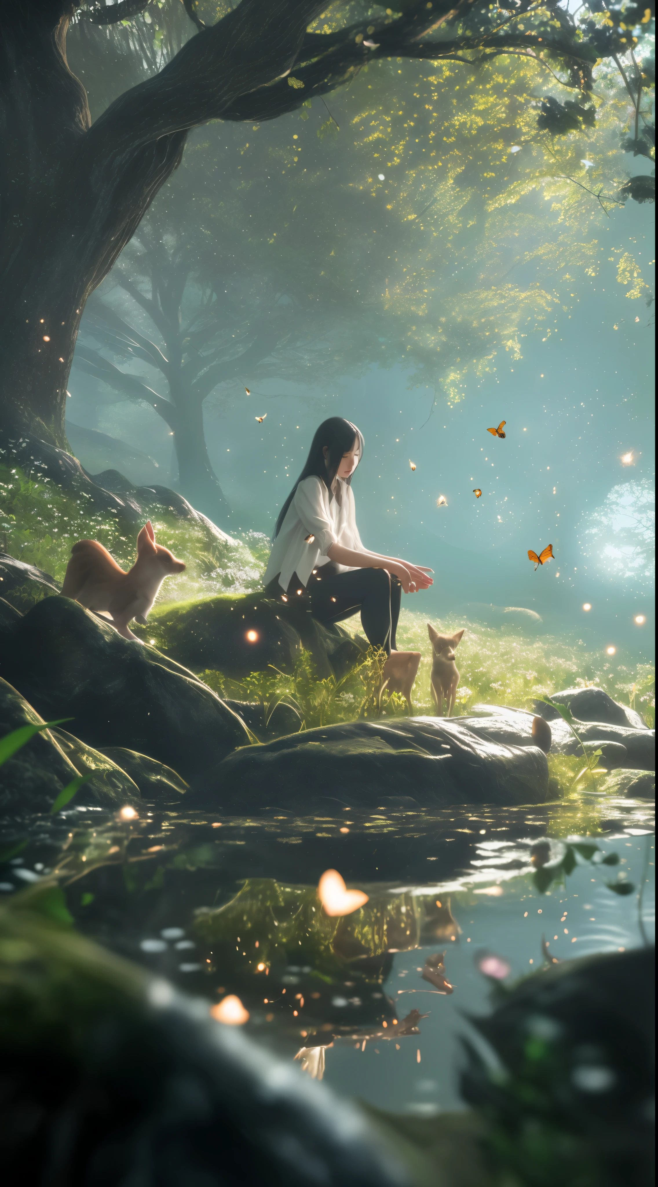Rainforest in spring,A woman wearing a white shirt and black pants,坐在grassland上和小动物,long black hair ,There are fireflies scattered around,calm water, grassland,flowers, Leaves,best quality, Isometric view, OC rendering,c4d, Light-sensitive,fairy tale, fantasy, bright background, artwork,16k ,super detailed