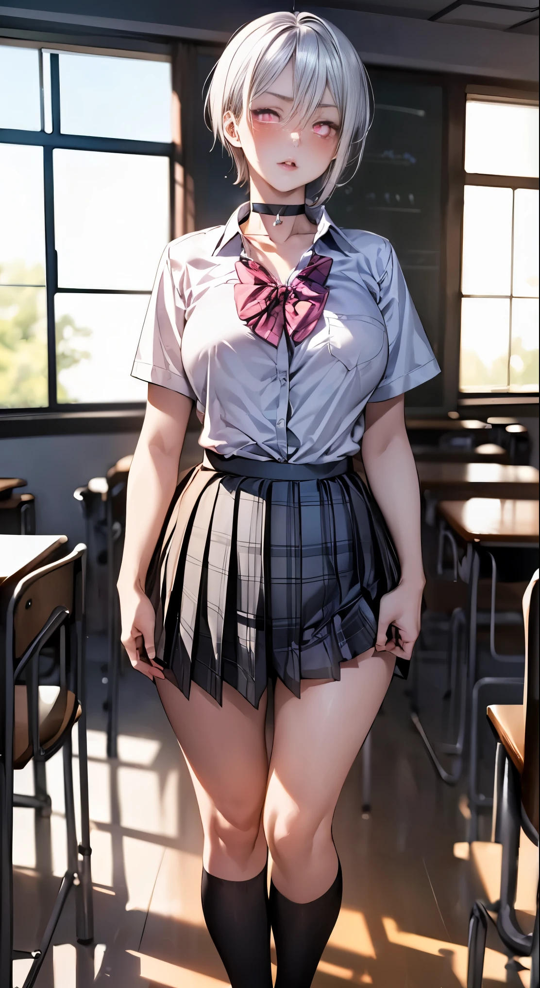 (masterpiece:1.2, highest quality), (realistic, photorealistic:1.4), beautiful illustrations,
looking at the viewer, whole body, Front view:0.6,
1 girl, Japanese, high School girl, ((Asymmetrical shorthair:1.9, silver hair:1.5)), ((sharp gaze:1.9, Pink glowing eyes:1.5)), blown hair, bangs, hair between eyes, big breasts:1.8,
beautiful hair, beautiful and detailed eyes, beautiful clavicle, beautiful breasts, beautiful thighs, beautiful feet, beautiful fingers,
(classroom), , School,
((collared short sleeve shirt, white shirt, , Grey plaid pleated skirt, blue plaid bow tie, choker)),
(Are standing, grab the hem of the skirt, hand between legs),
blush