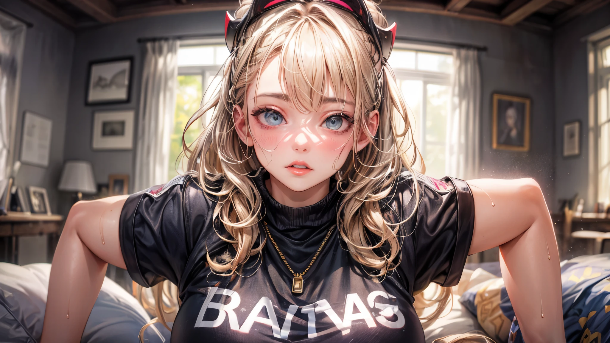 (1 girl),large breast, breast, tan, dewy skin, sweaty skin, blonde wavy hair, Punk T-shirt, punk girl