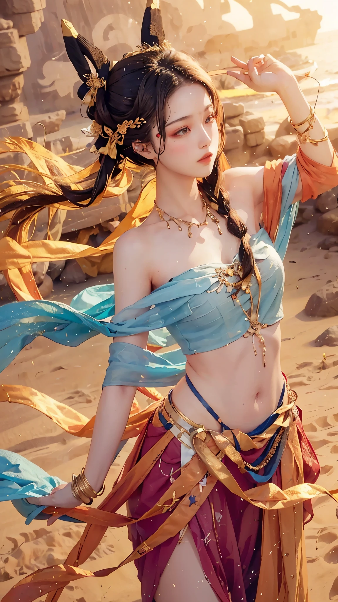 (original photo, best quality), (actual, Photo actual: 1.3), best quality, Very detailed, masterpiece, Ultra-detailed, illustration, 1 girl, superior_Body, dynamic angle, ((beach)), messy_long_hair, best quality, Extremely detailed CG8k wallpaper, ink, Astonishing, light, lens_flare,Dunhuang_style