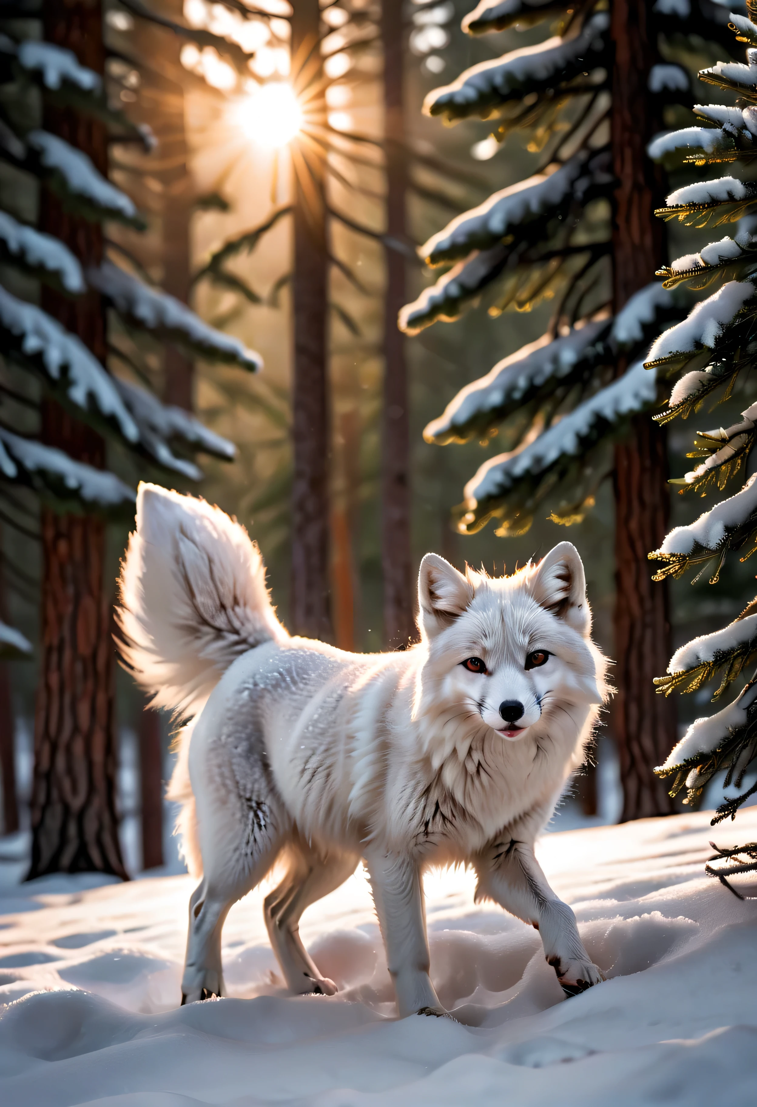 An arctic fox playfully plays in the pure snow, Fur glistens in the sun, Against the tranquil snow scene,In the background is an elegant row of white cedar trees, HD images, quality photos, Lifelike rendering, bright colors, Sharp details, national geographic style.