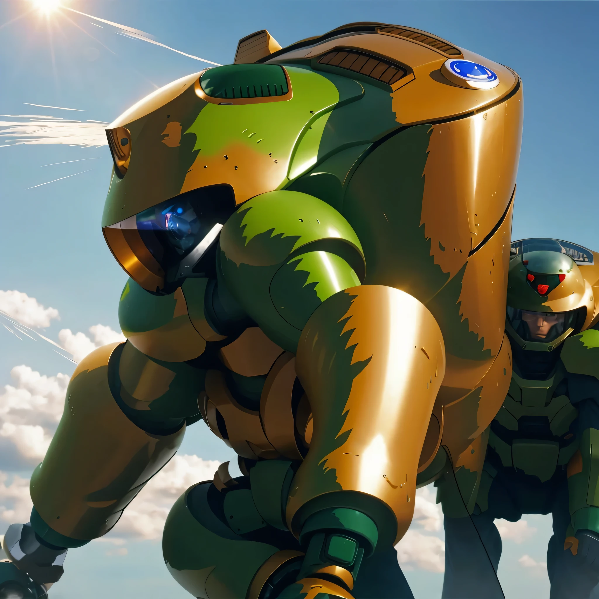 One wearing power armor、wearing a helmet、Man anime scene with gun, Otomo Katsuhiro, from Akira ( 1 9 8 8 ) style, Reiji Matsumoto, 艺术家 Otomo Katsuhiro, Kuro anime screenshots, Cartoon《Ghost in the Shell》middle, style of red line anime movie, Anime large mecha, anime mecha,3D rendering effect,Realistic effect,Army green paint,bright scene