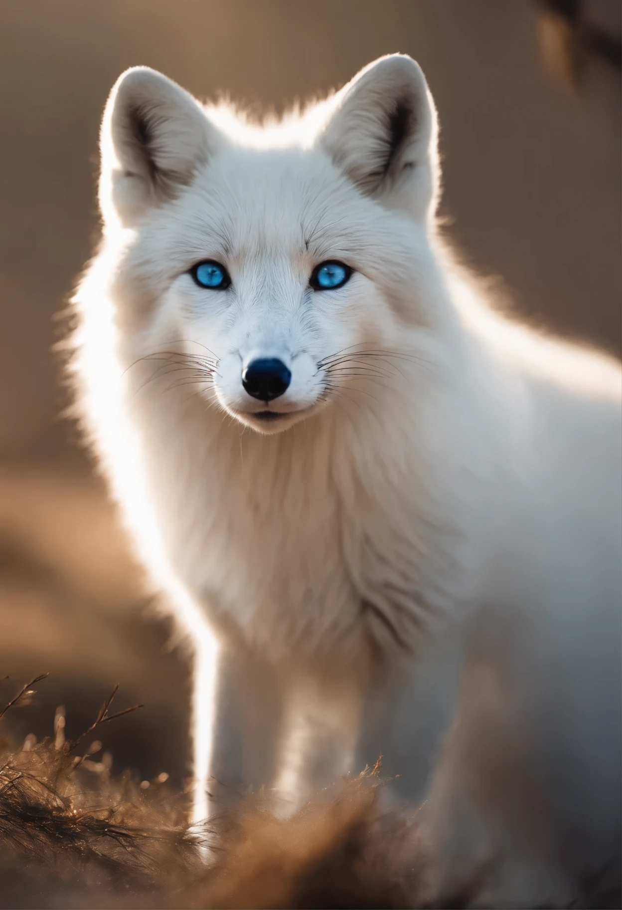 A white fox with a red birthmark on its forehead, (best quality, Super detailed), (actual), bright colors, fine fur, piercing blue eyes, elegant gesture, surrounded by snow, Soft and bright lighting, Evoking feelings of mystery and beauty.,proud arctic fox,Xu snowflakes fluttering