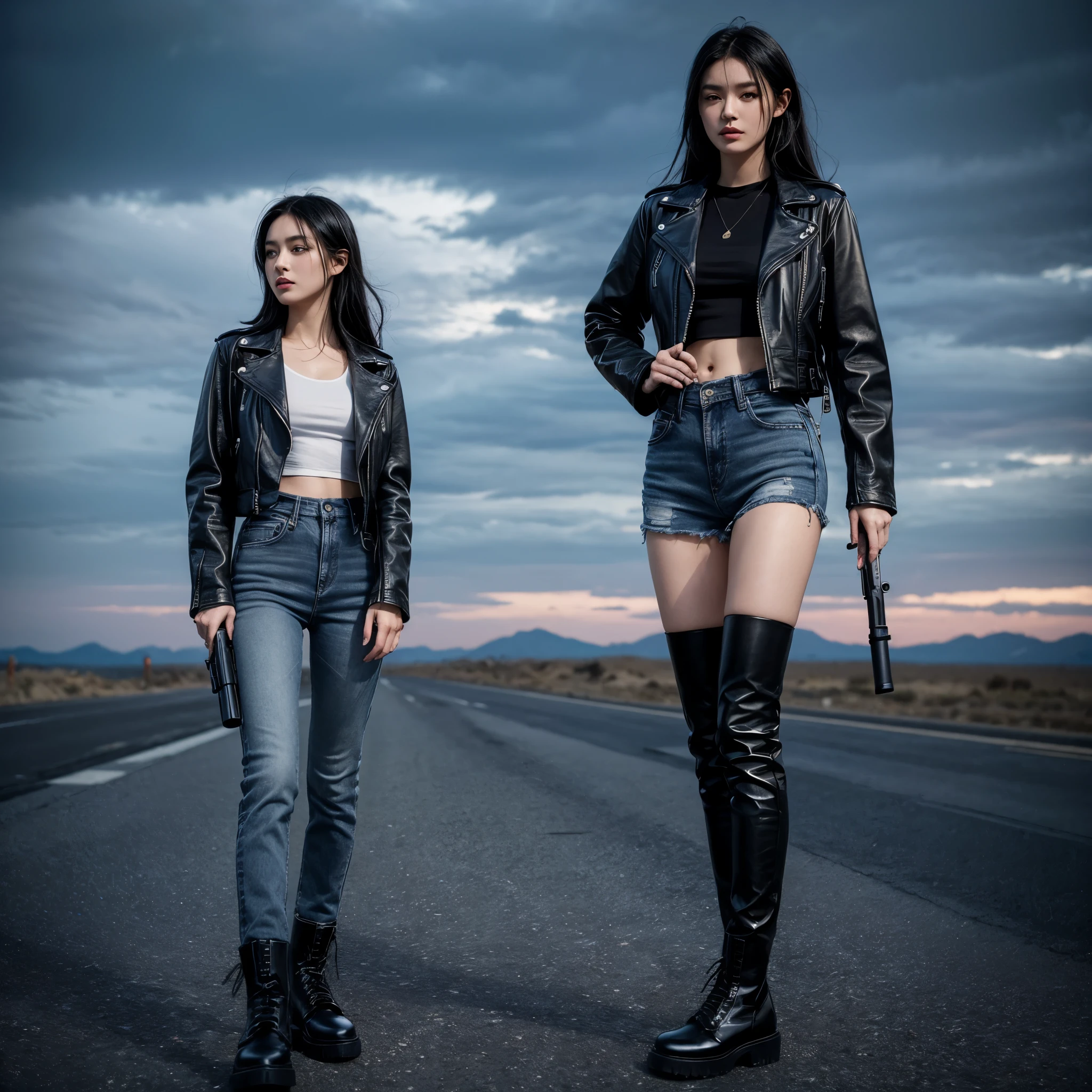 1girl,beautiful,black hair, wearing a black leather jacket,blue jeans,wearing boot shoes,skin glossy,standing and holding a gun,shooting an enemies,Surrealism, 8k, super detail