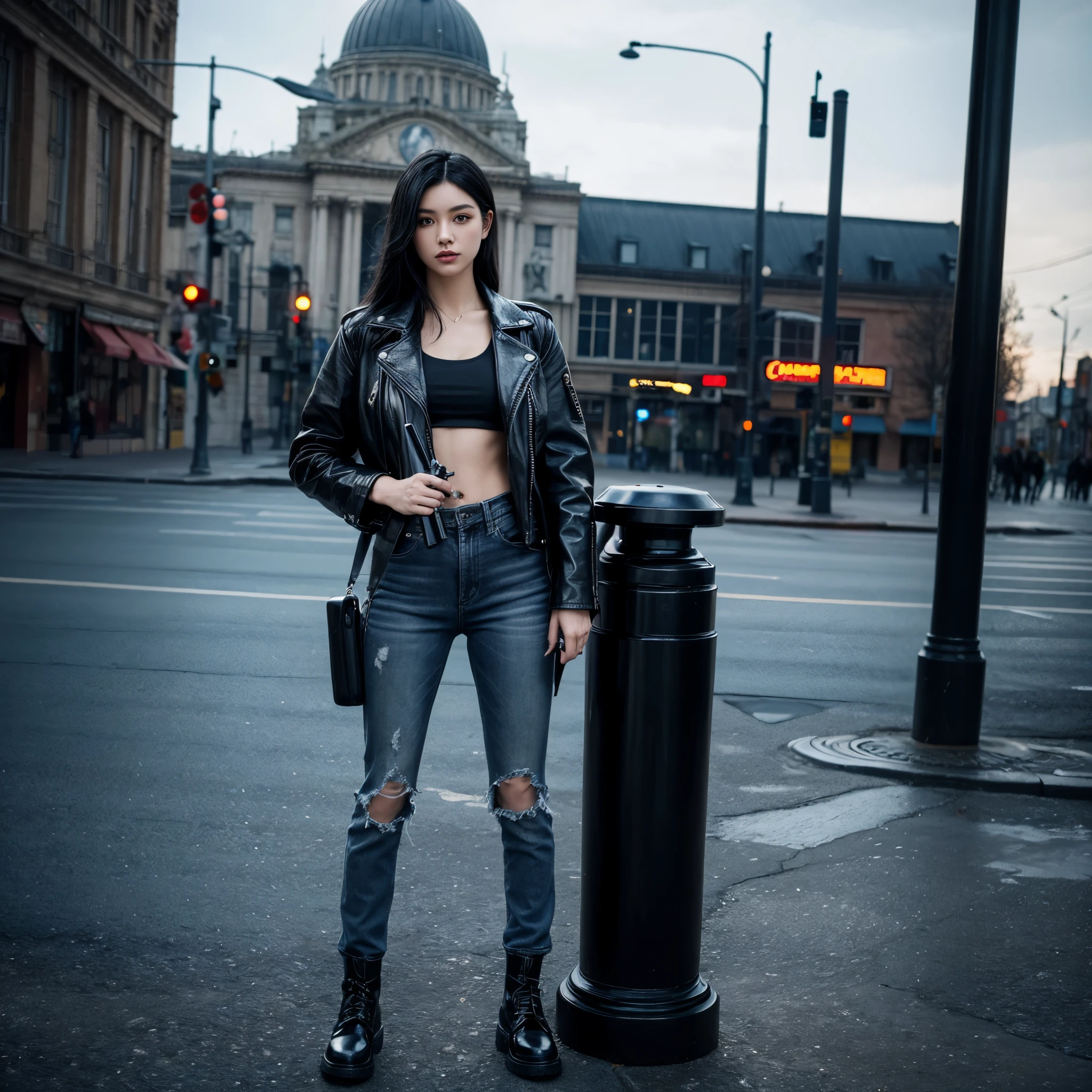 1girl,beautiful,black hair, wearing a black leather jacket,blue jeans,wearing boot shoes,skin glossy,standing and holding a gun,shooting an enemies,Surrealism, 8k, super detail