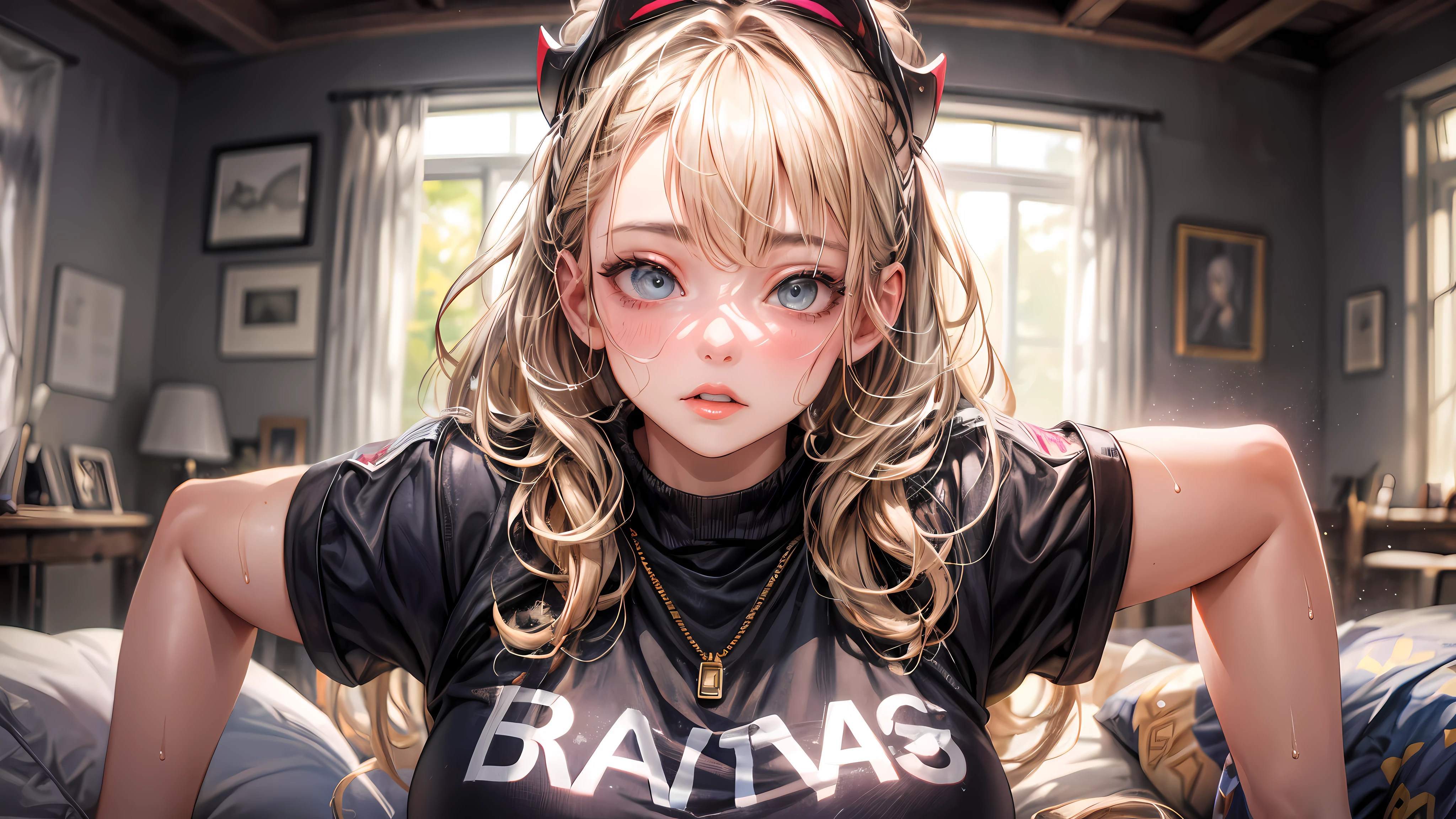 (1 girl),large Chest, Chest, tan, dewy skin, sweaty skin, golden curly hair, punk tshirt, punk girl