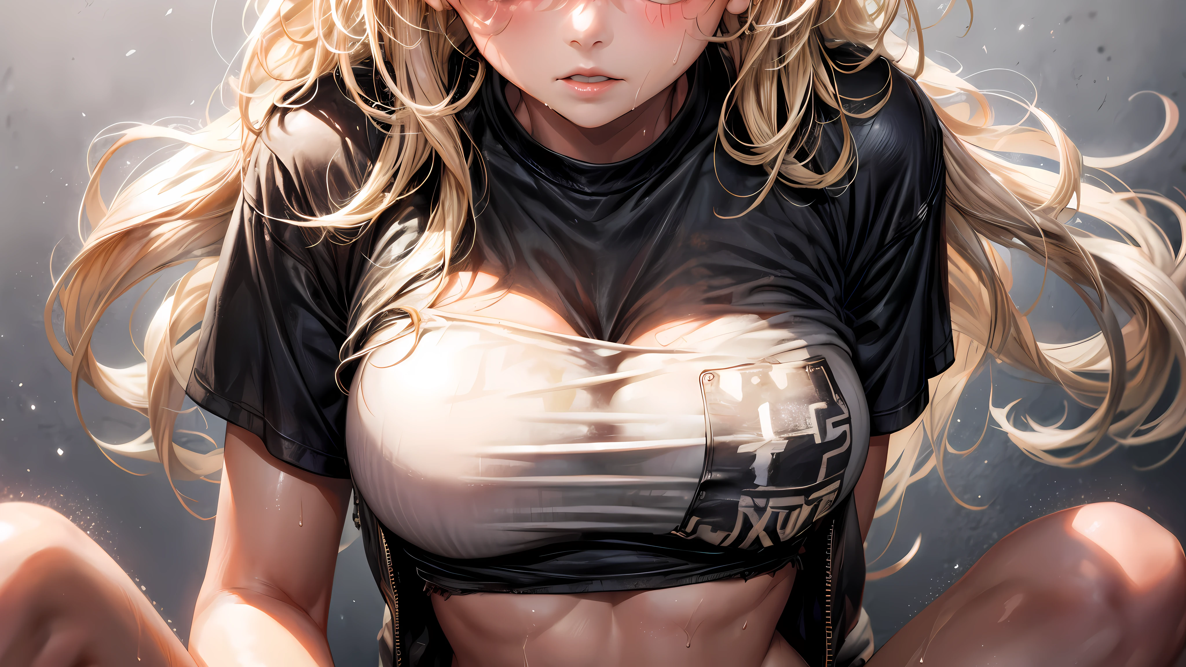 (1 girl),large Chest, Chest, tan, dewy skin, sweaty skin, golden curly hair, punk tshirt, punk girl