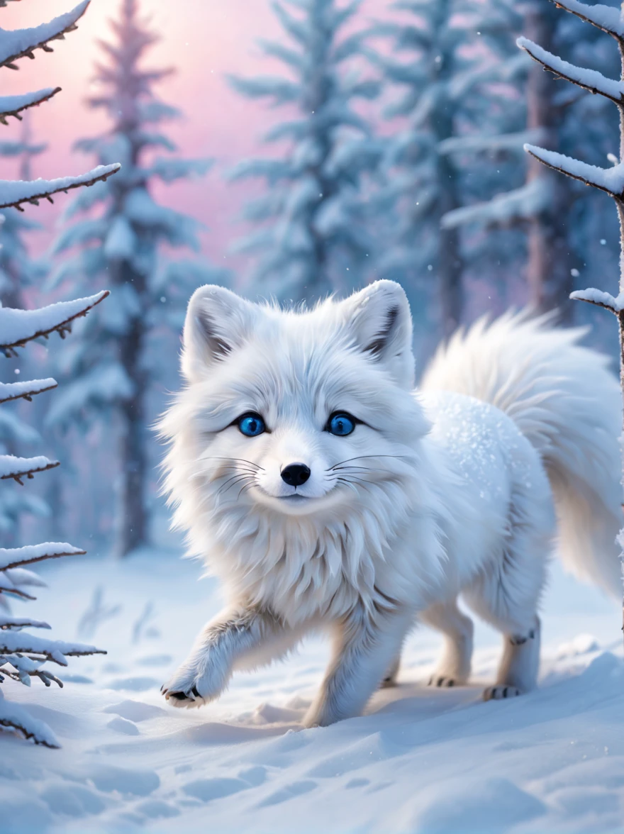 (best quality, 8k, high resolution, masterpiece:1.2), bright colors, magical atmosphere, whimsical, ((1 cute arctic snow fox, Rolling and playing in the incredibly beautiful snow,It's snowing,snowflake,white snow)), surreal, Psychedelic, intricate details, Beautiful texture, ethereal, like a dream, soft glow, charming pattern, fantasy creatures, hidden surprise, Fantastic snowscape, surreal color palette, Mysterious aura, Surrealism, fascinating journey, psychedelic trip, vivid imagination, Immersive experience, Mysterious creature, otherworldly charm, glow path, Snow lighting up arctic forests, surreal sky, whimsical scenery,, Wonderful encounter in the snow, Charming snow art