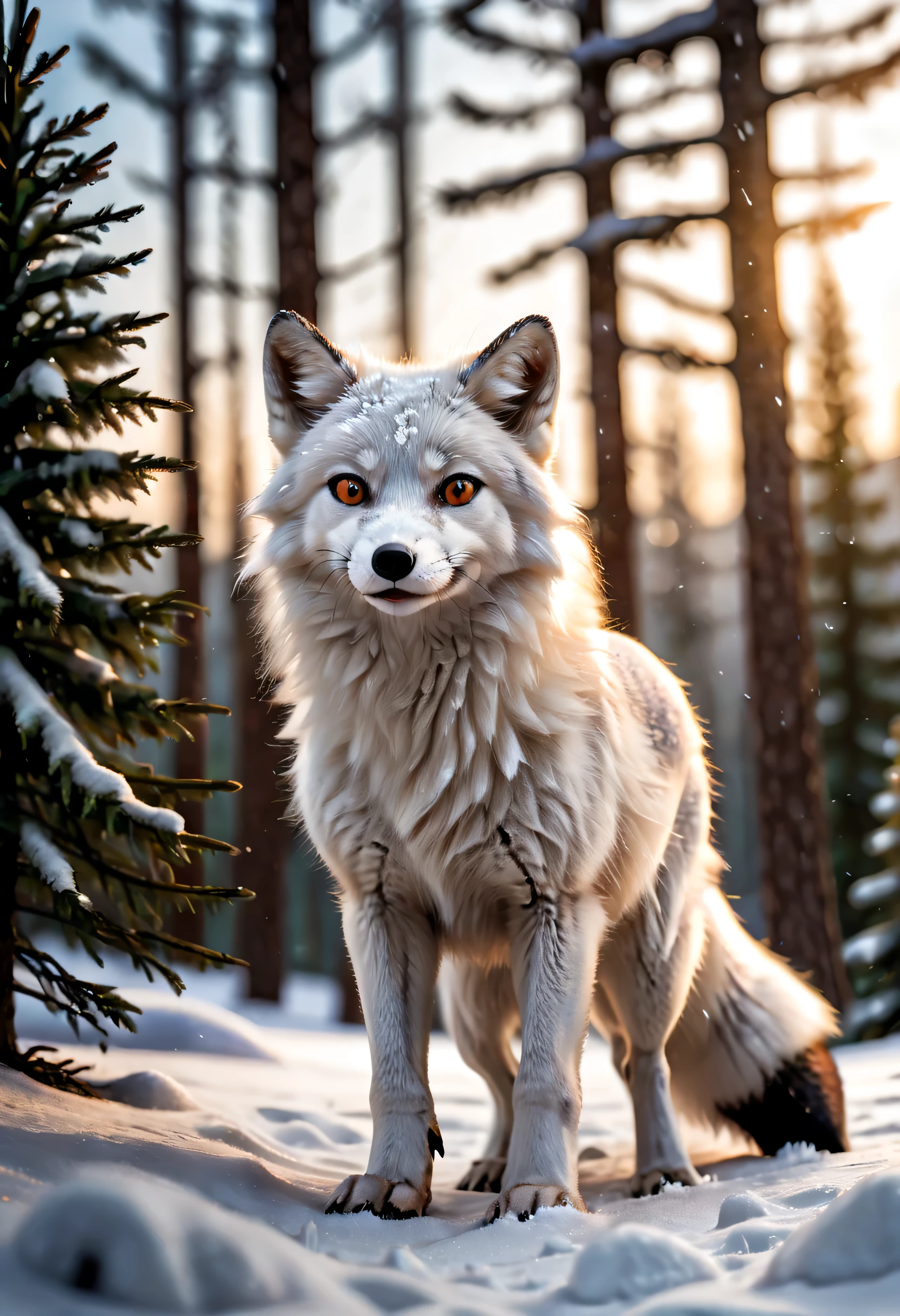 male arctic fox, Play happily in the pure white snowfield. The sun shines on its fur, Creates a dazzling silvery white light. The fox is surrounded by a peaceful snow scene, There is a row of neatly arranged cedar trees behind, Add a beautiful background to your scene. high detail, super quality, high resolution, 1080p images capture the unique charm and natural beauty of the Arctic fox. The fox&#39;s furry tail and sharp claws are particularly eye-catching. its skin is gray, gray ears, Golden eyes add many unique features to this arctic fox. alone in the snow, Fox plays freely, exuding a feeling of isolation and loneliness .