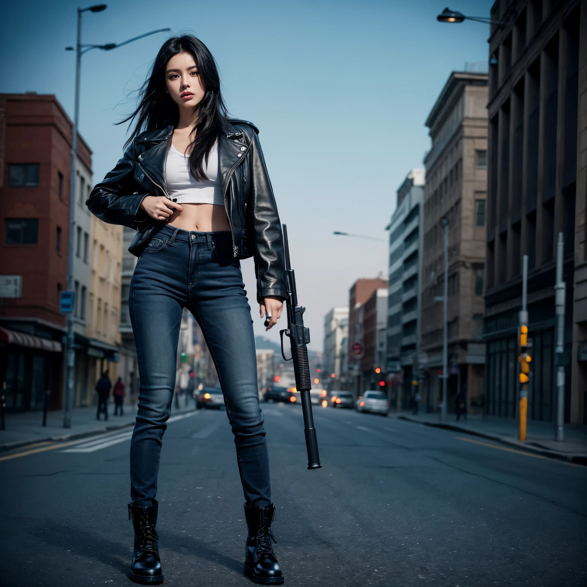 1girl,beautiful,black hair, wearing a black leather jacket,blue jeans,wearing boot shoes,skin glossy,standing and holding a gun,shooting an enemies,Surrealism, 8k, super detail